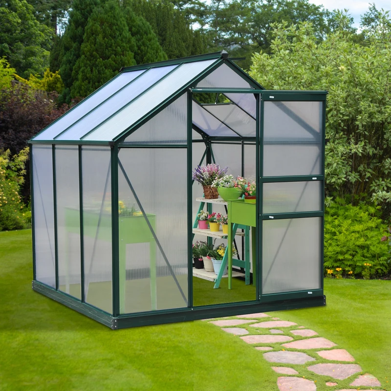  6.2' x 6.3' x 6.6' Clear Polycarbonate Greenhouse, Large Walk-In Green House Garden, Plants Grow, Galvanized Sheet Frame w/ Slide Door