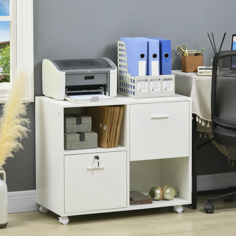  Lateral Filing Cabinet with Drawers and Lock, File Cabinet, Mobile Printer Stand with Open Shelves and Wheels