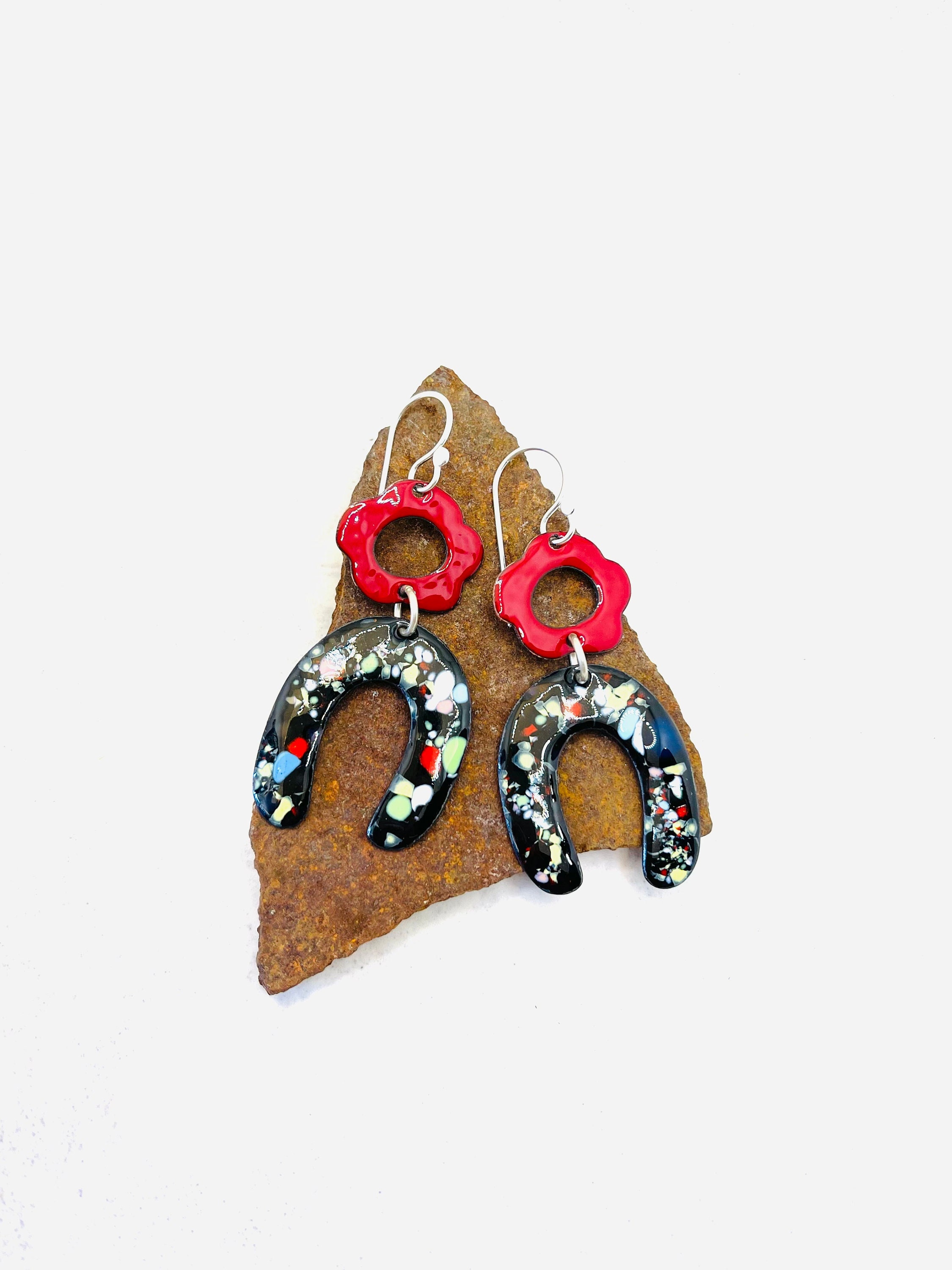 Red Flowers with Paint Splatter Arch Earrings