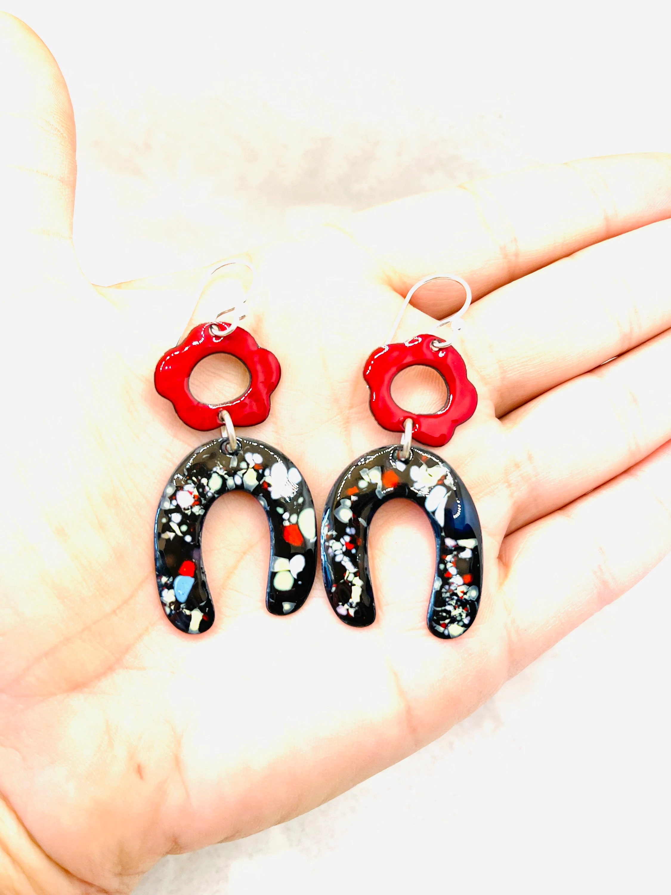 Red Flowers with Paint Splatter Arch Earrings