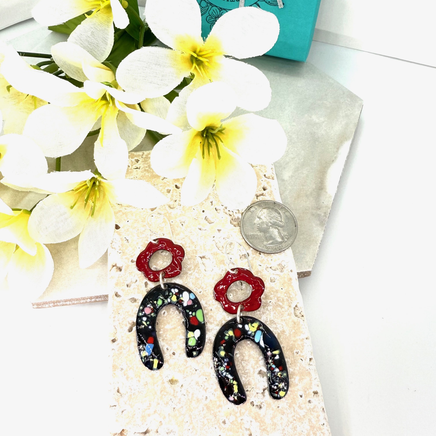 Red Flowers with Paint Splatter Arch Earrings