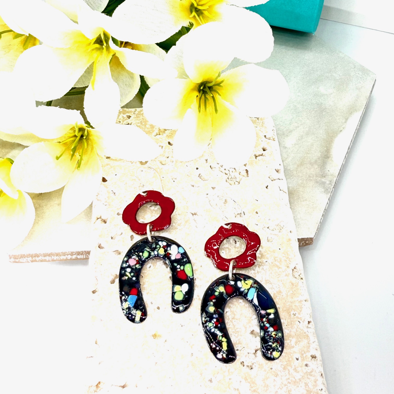 Red Flowers with Paint Splatter Arch Earrings
