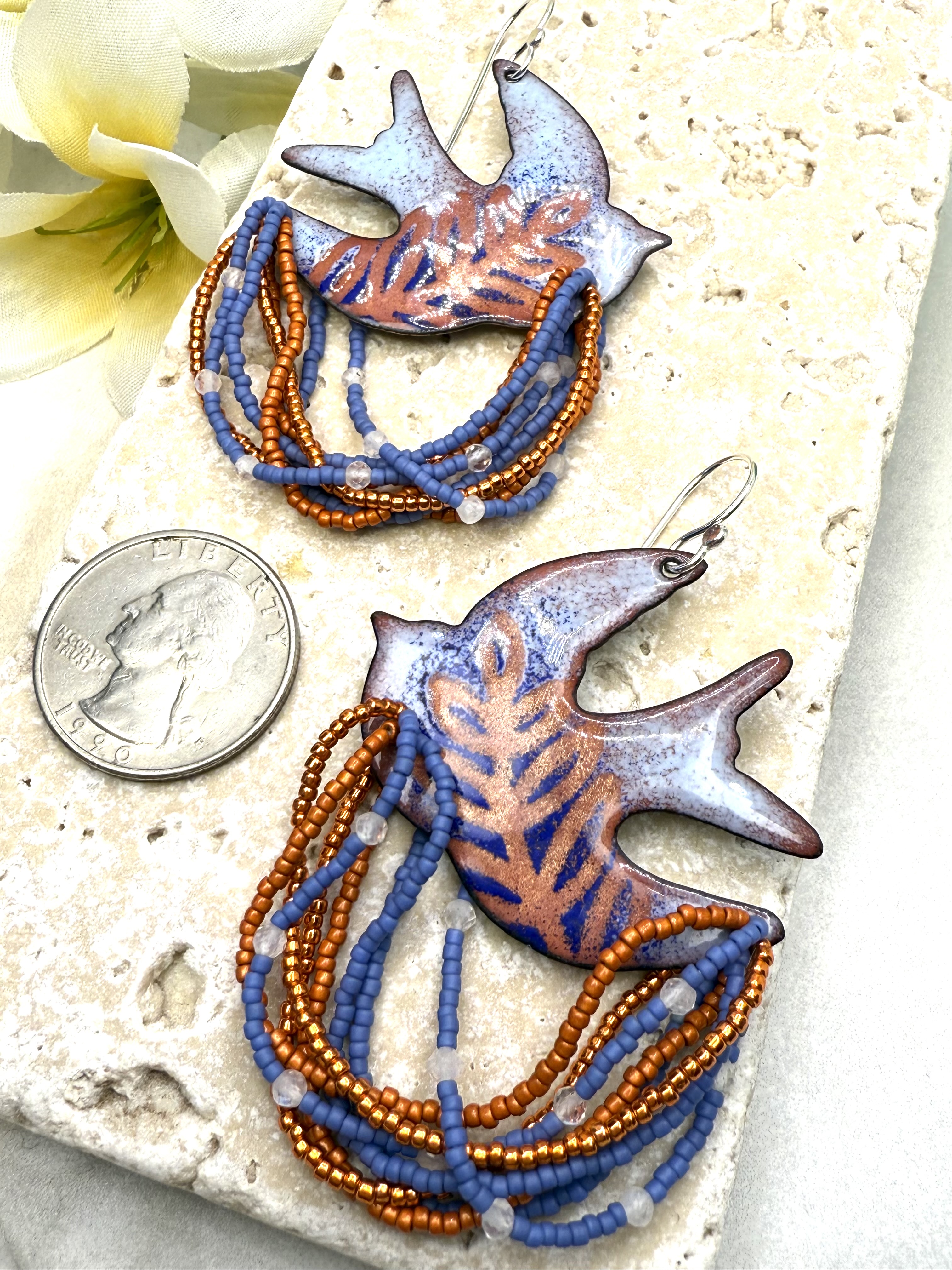 Dove Earrings- Orange & Blue Enamel