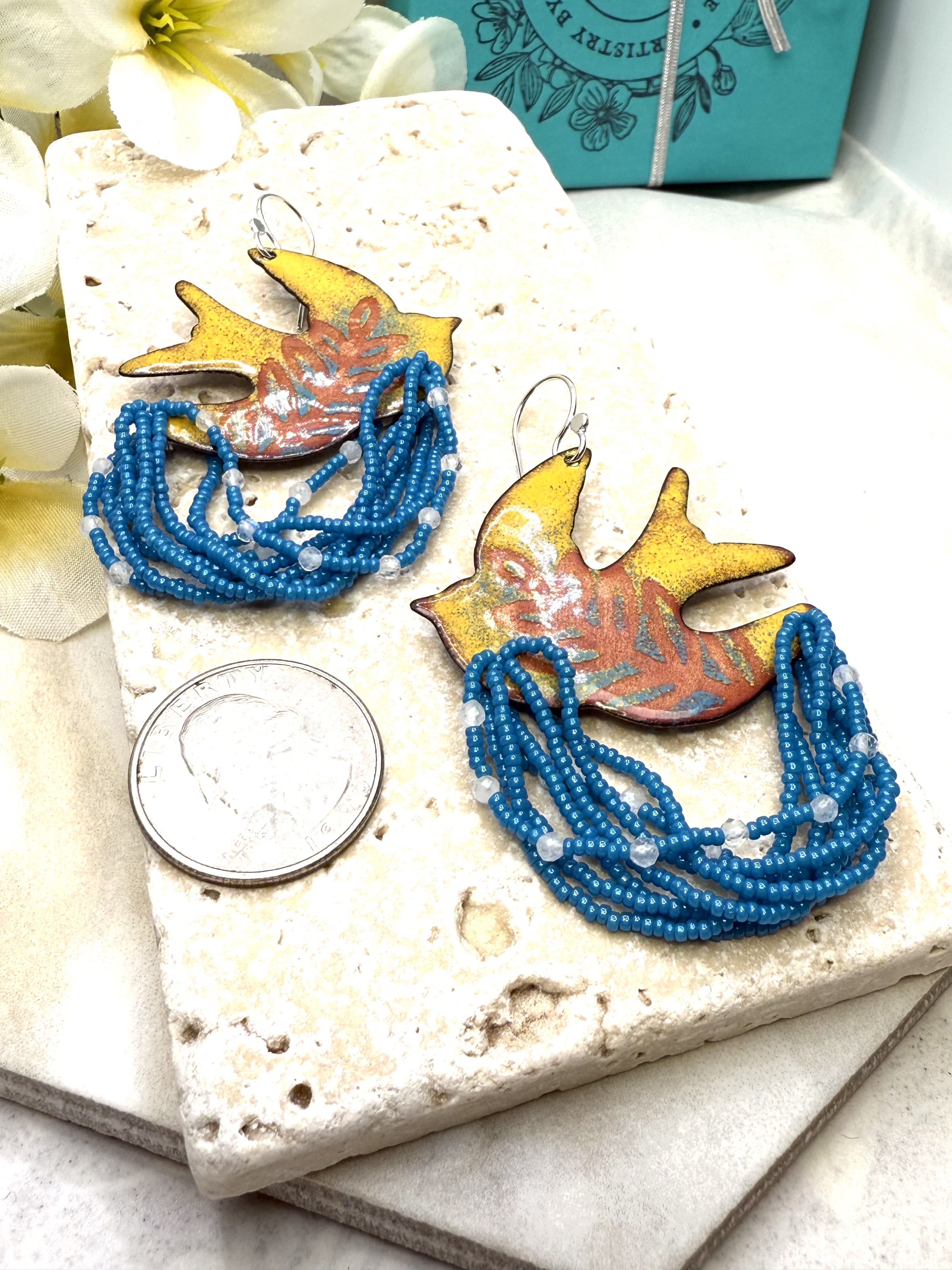 Dove Earrings- Turquoise & Yellow Enamel 