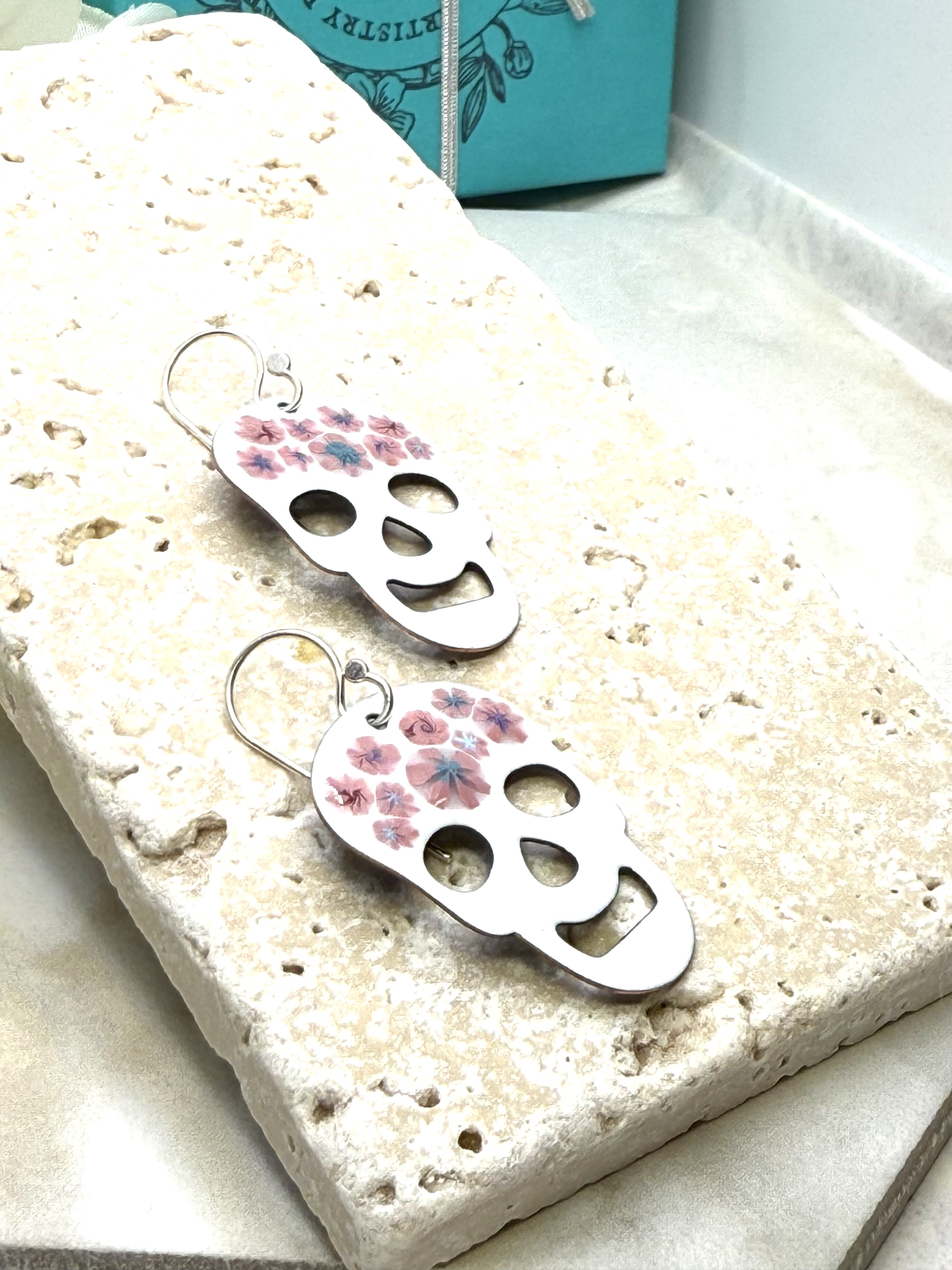White Floral Skull Earrings