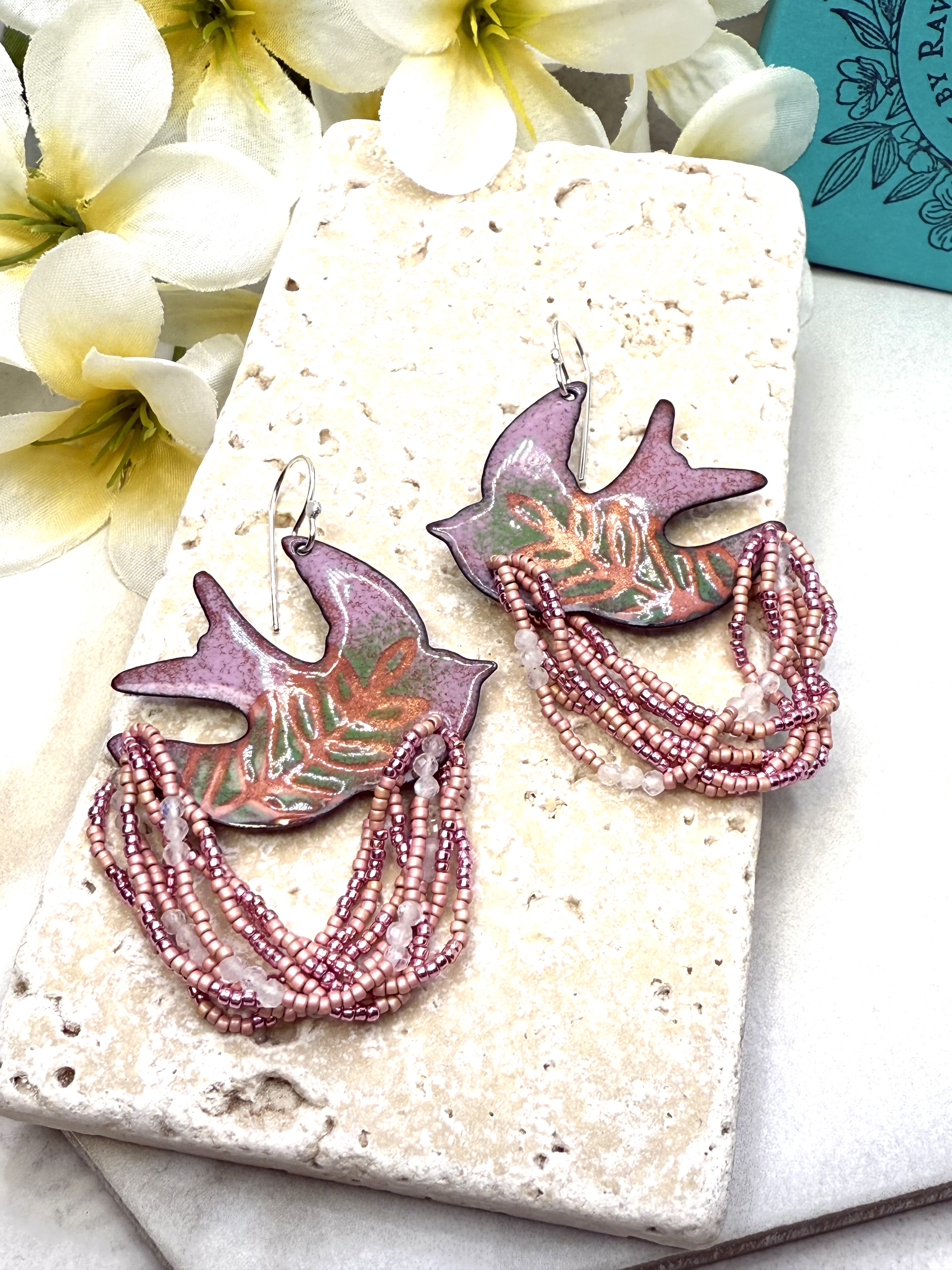 Dove Earrings- Pink & Green Enamel
