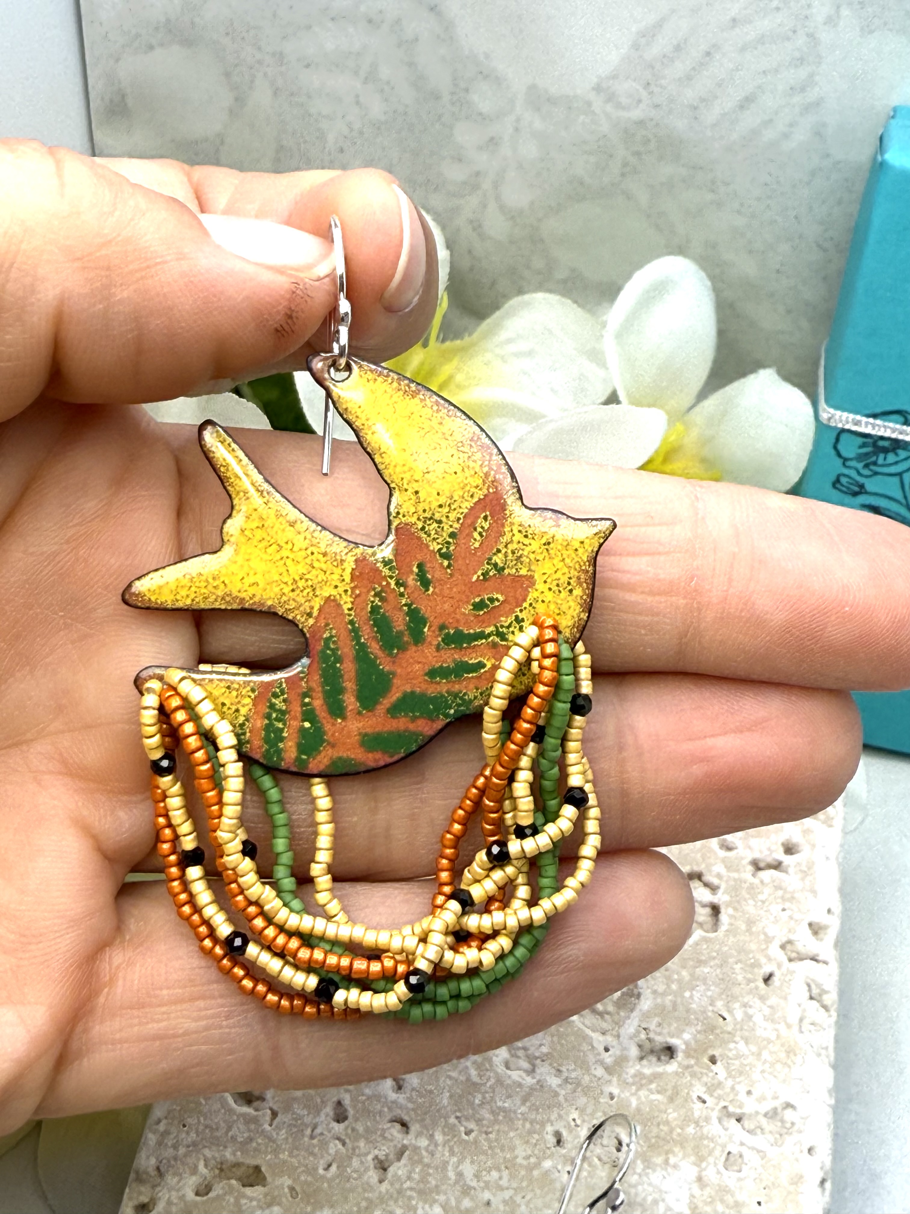 Dove Earrings- Yellow, Green, Orange Enamel
