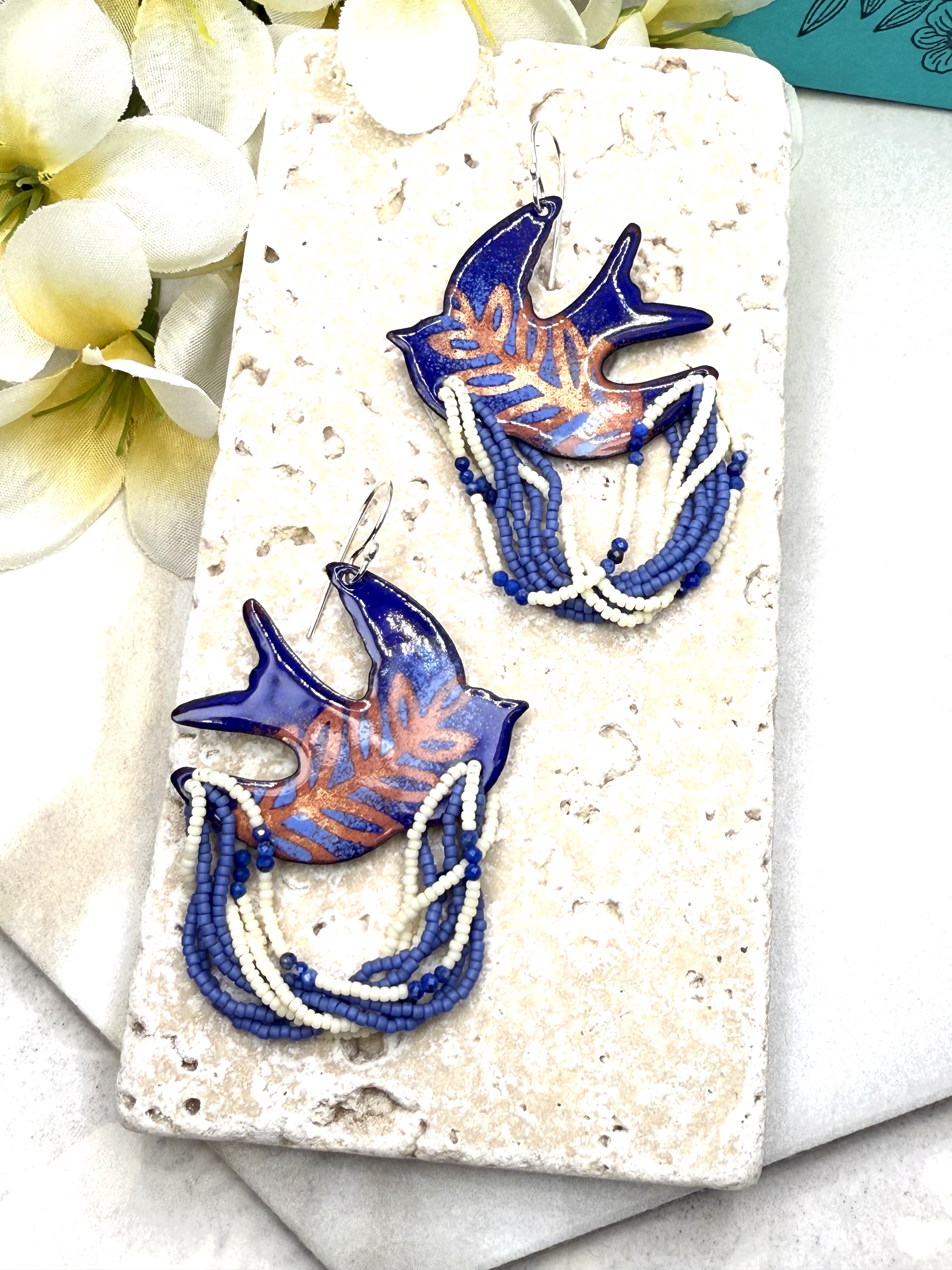 Dove Earrings- Blue Enamel
