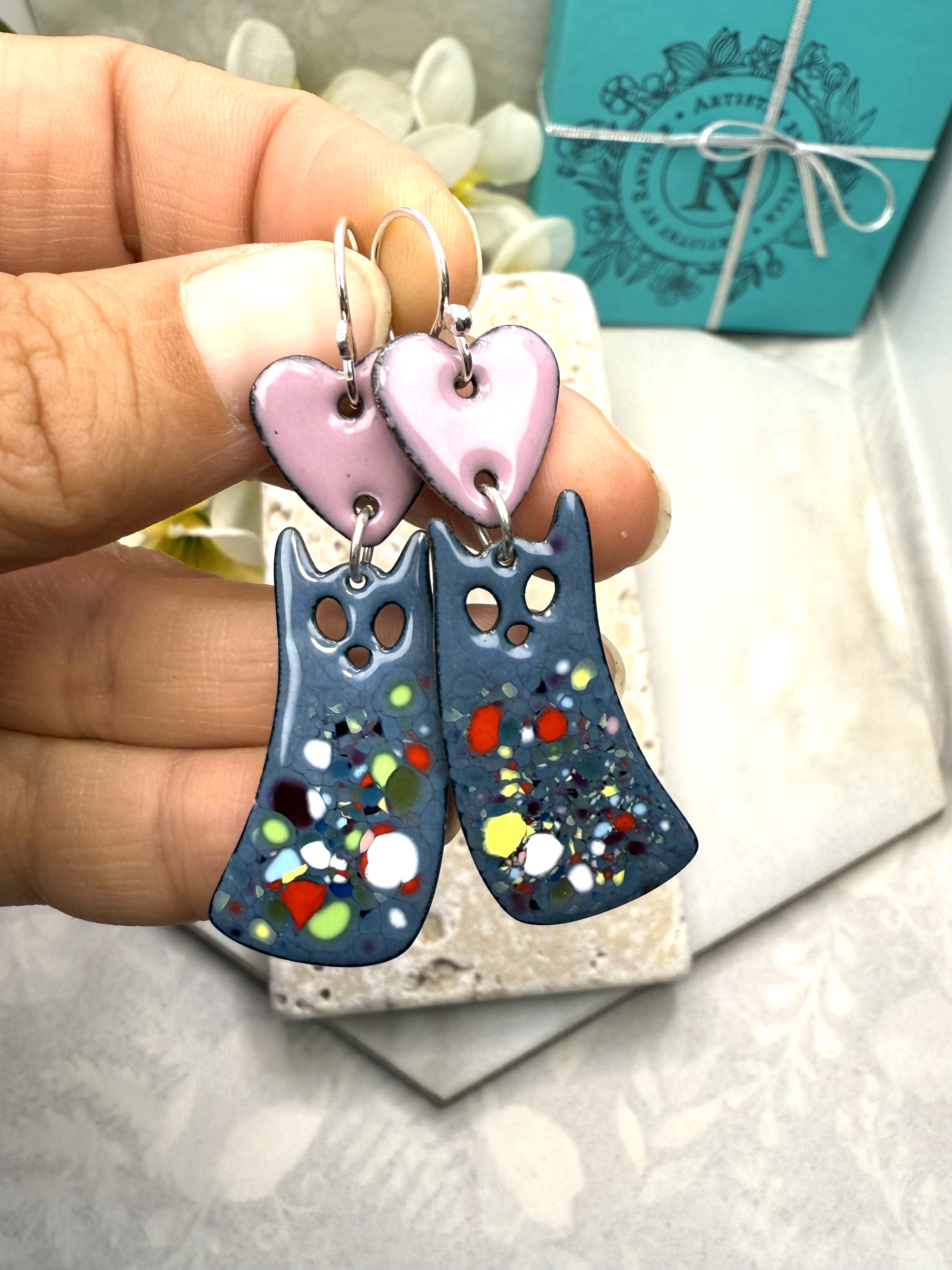 Cats with Red Hearts Earrings