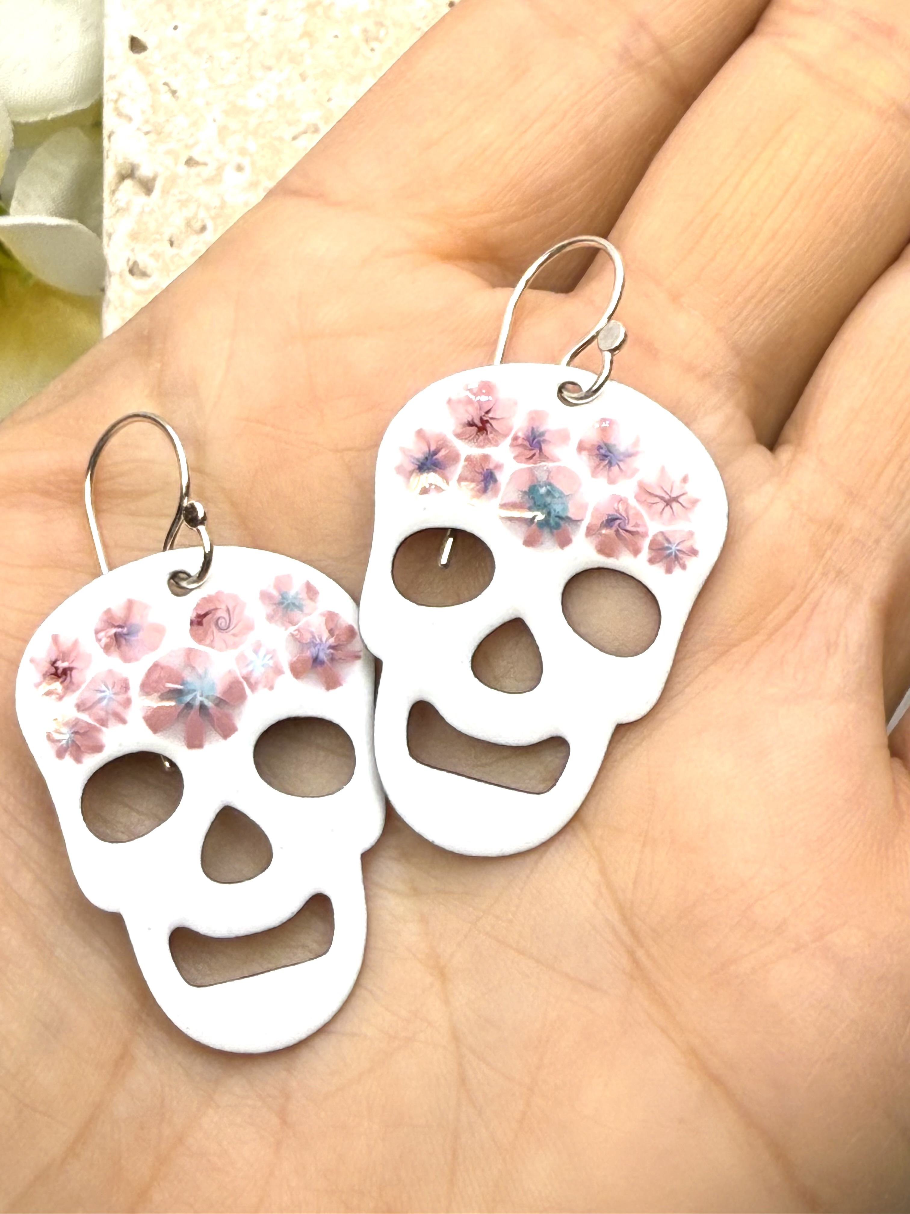 White Floral Skull Earrings
