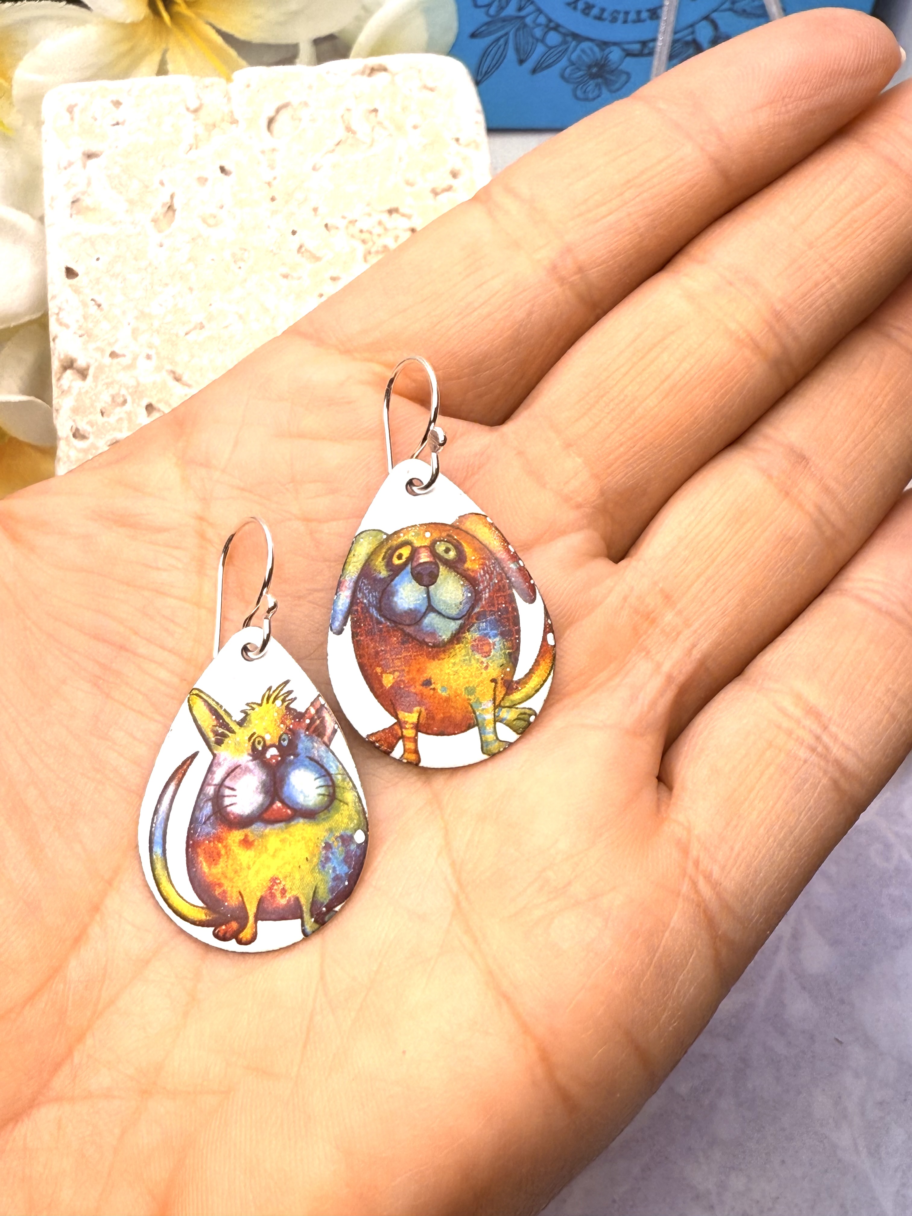 Watercolor Cat and Dog Earrings