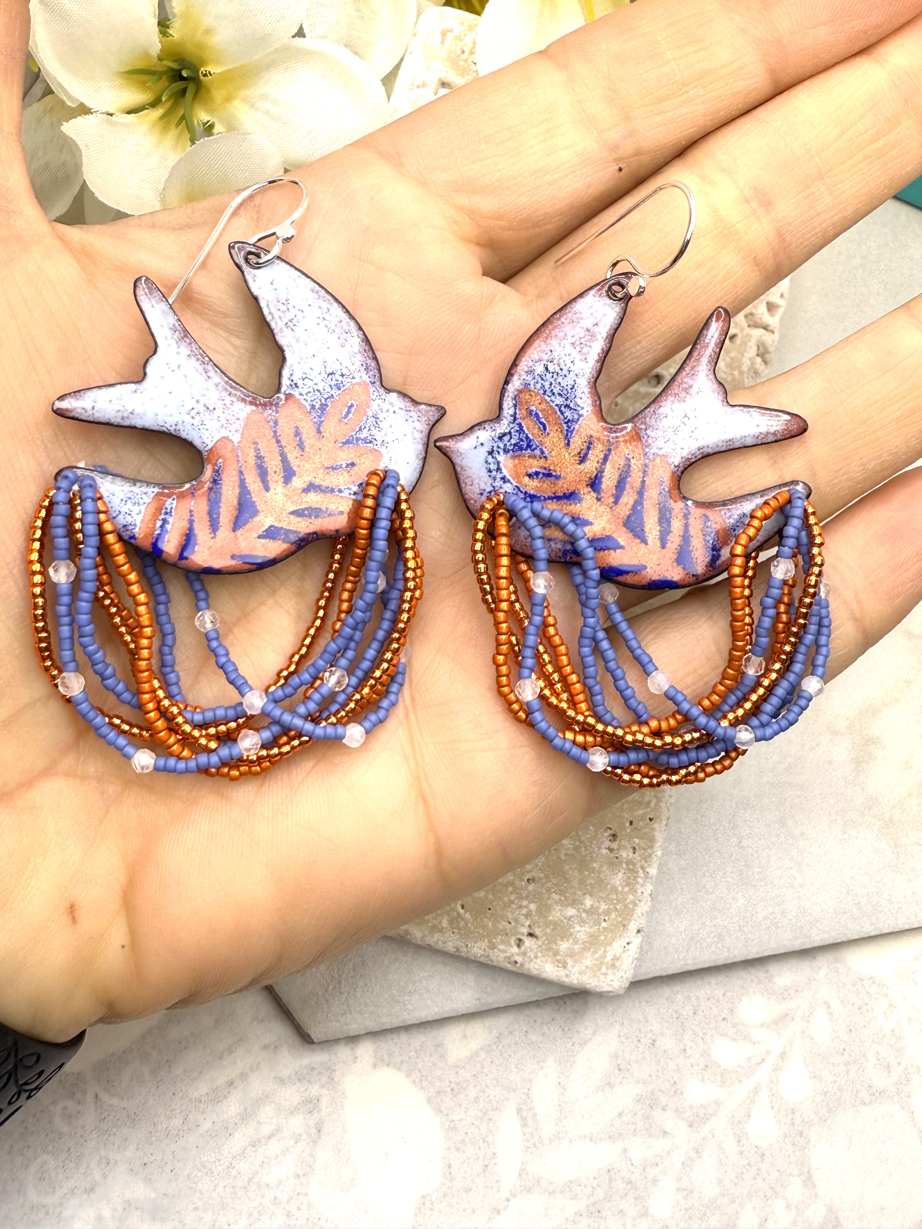 Dove Earrings- Orange & Blue Enamel