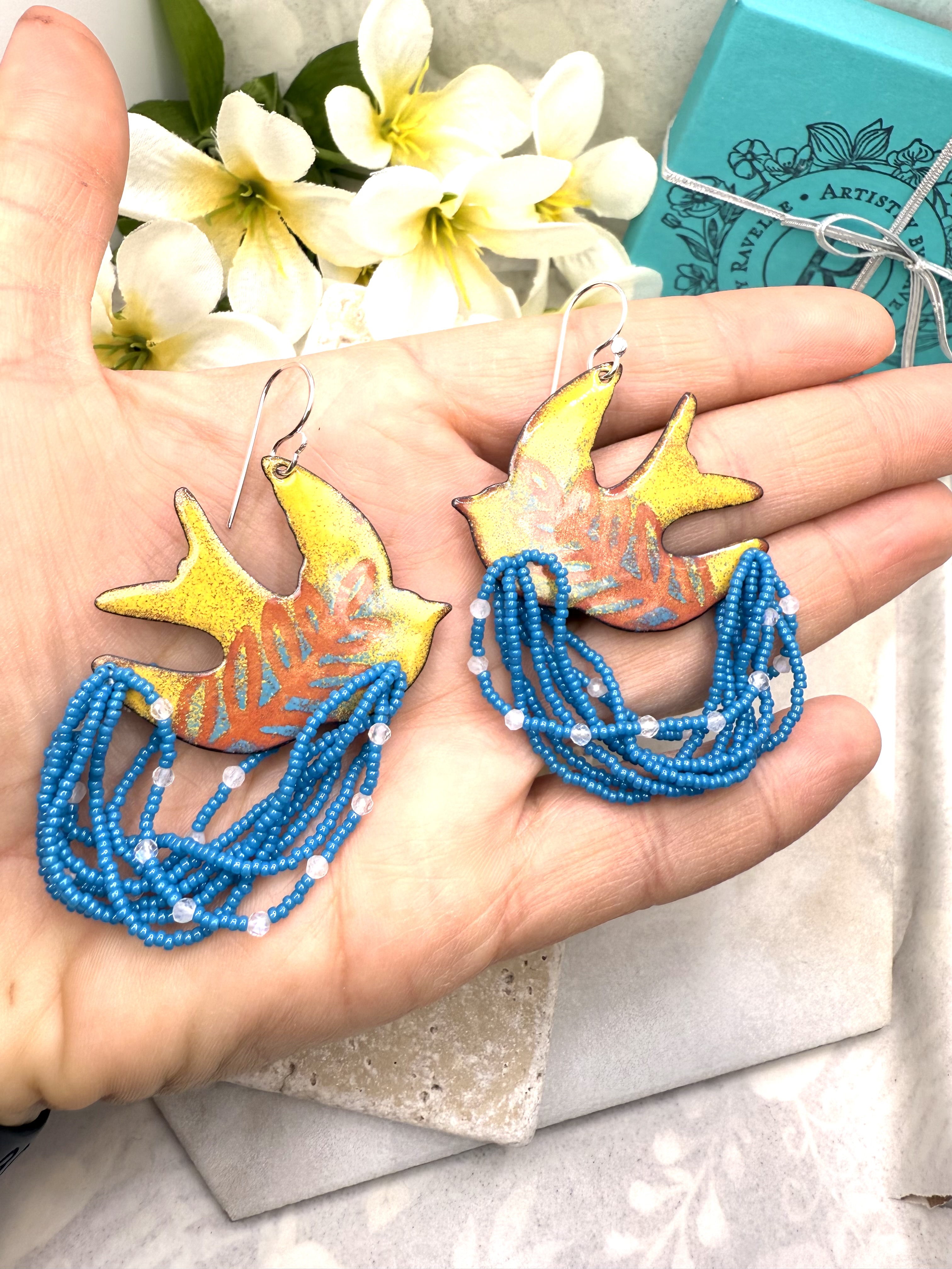 Dove Earrings- Turquoise & Yellow Enamel 