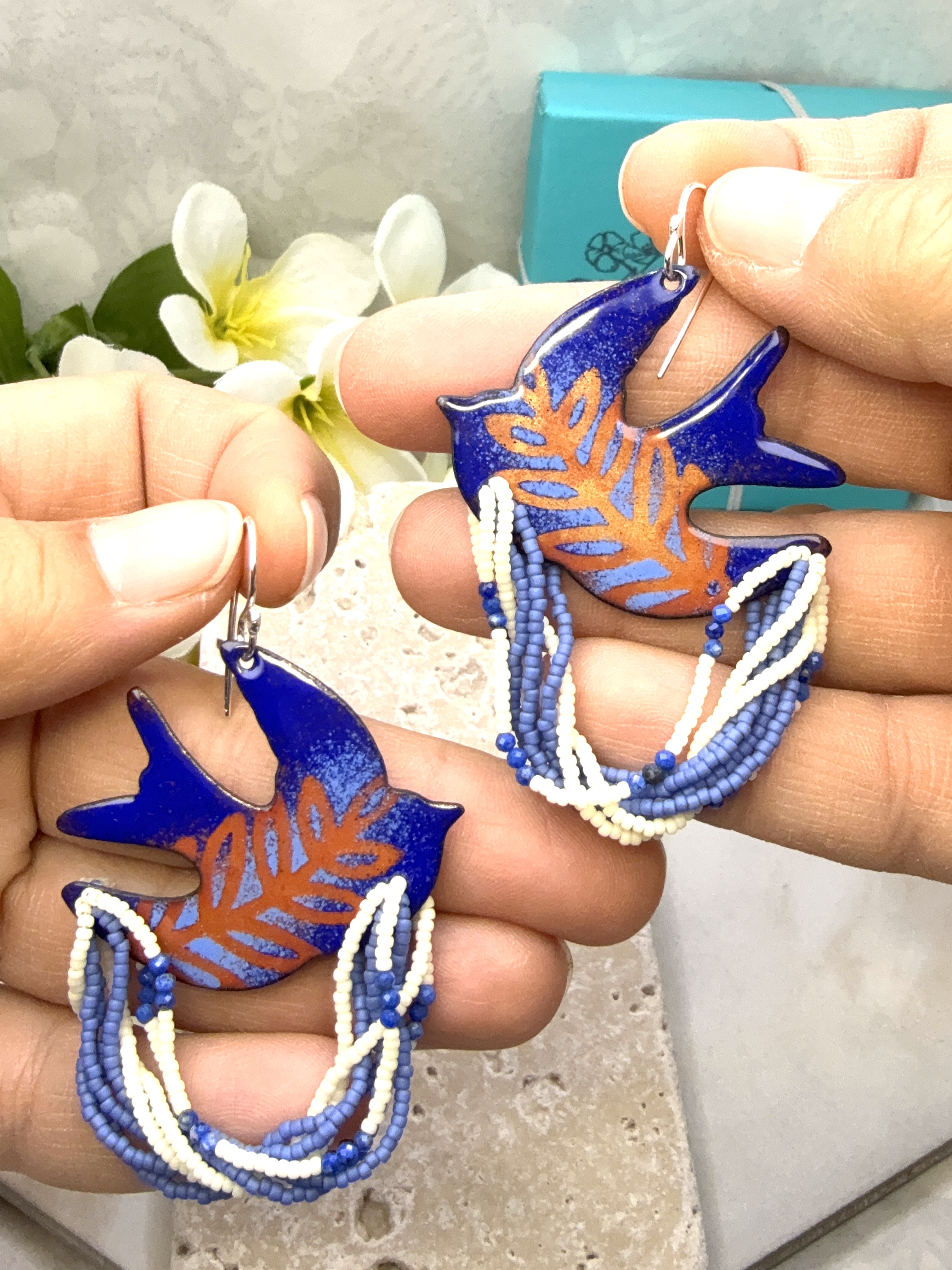 Dove Earrings- Blue Enamel