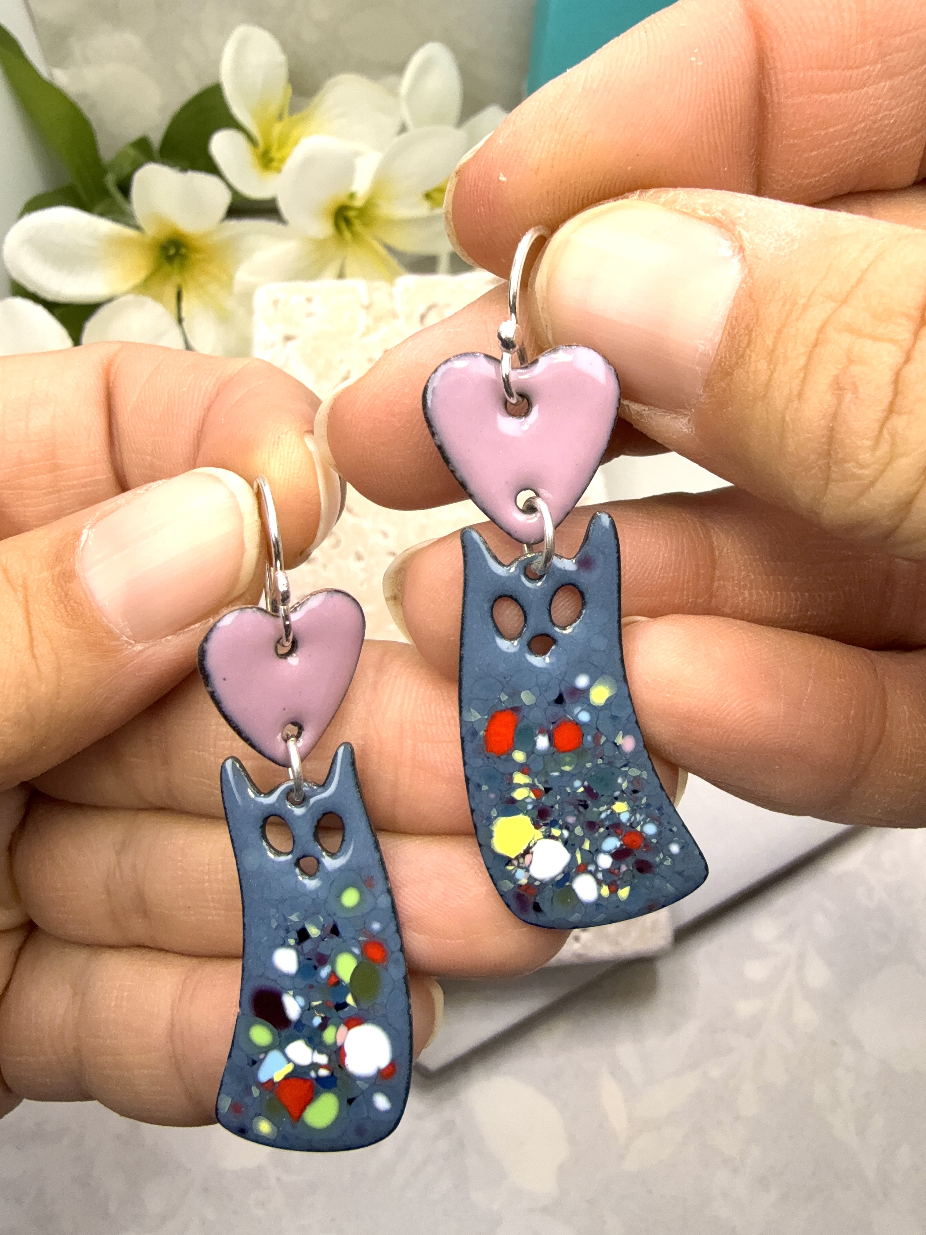 Cats with Red Hearts Earrings