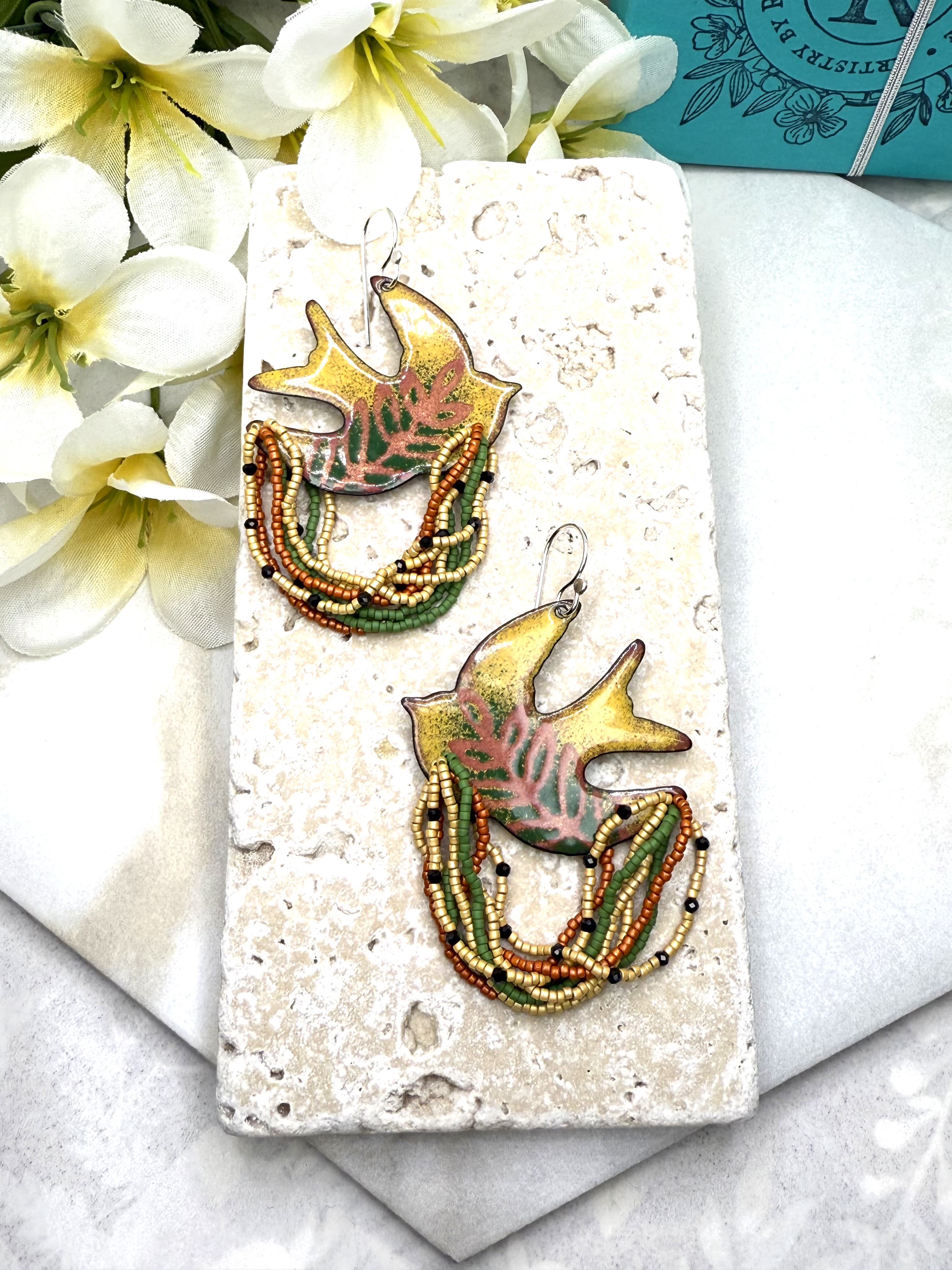 Dove Earrings- Yellow, Green, Orange Enamel