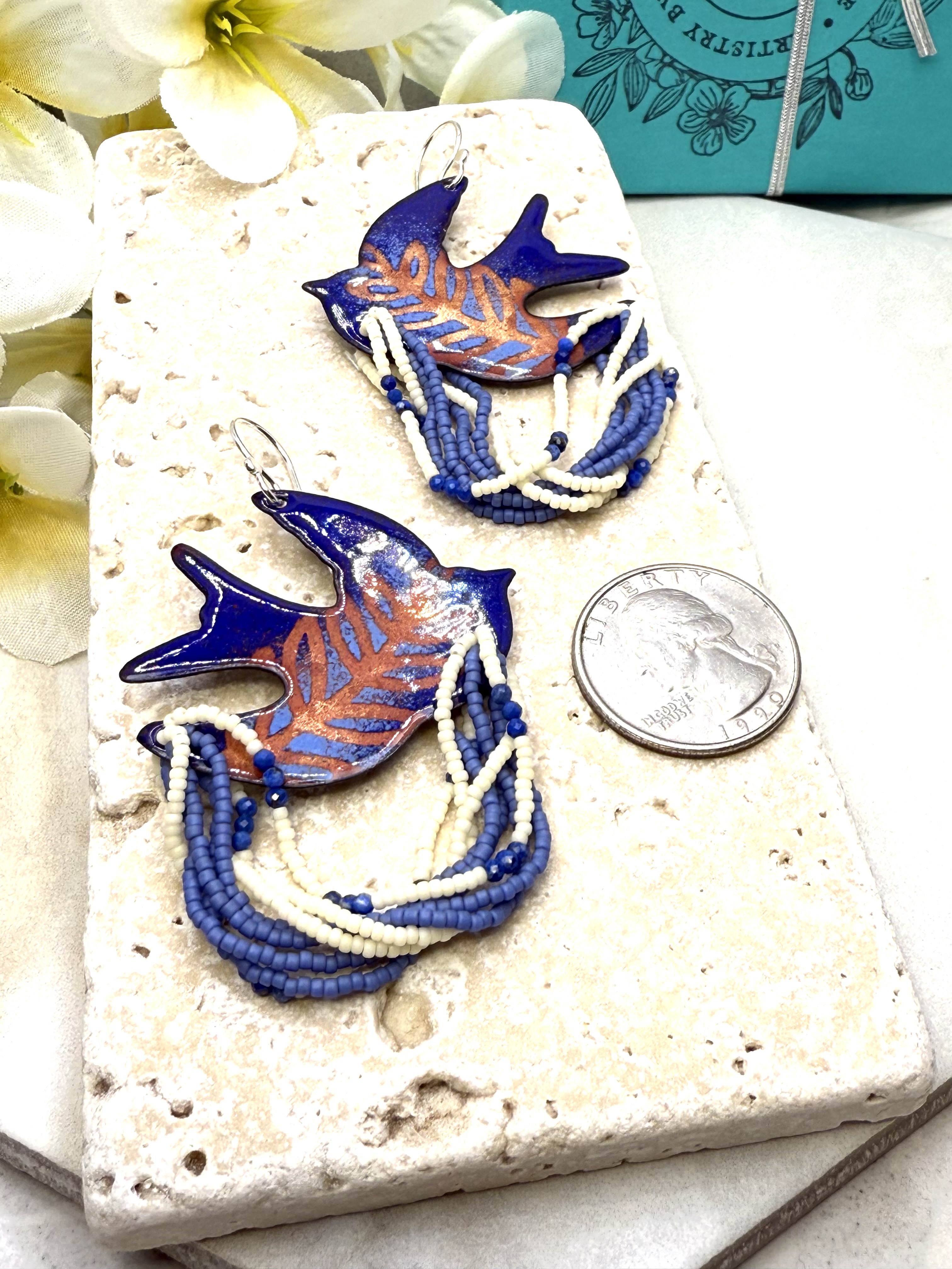 Dove Earrings- Blue Enamel