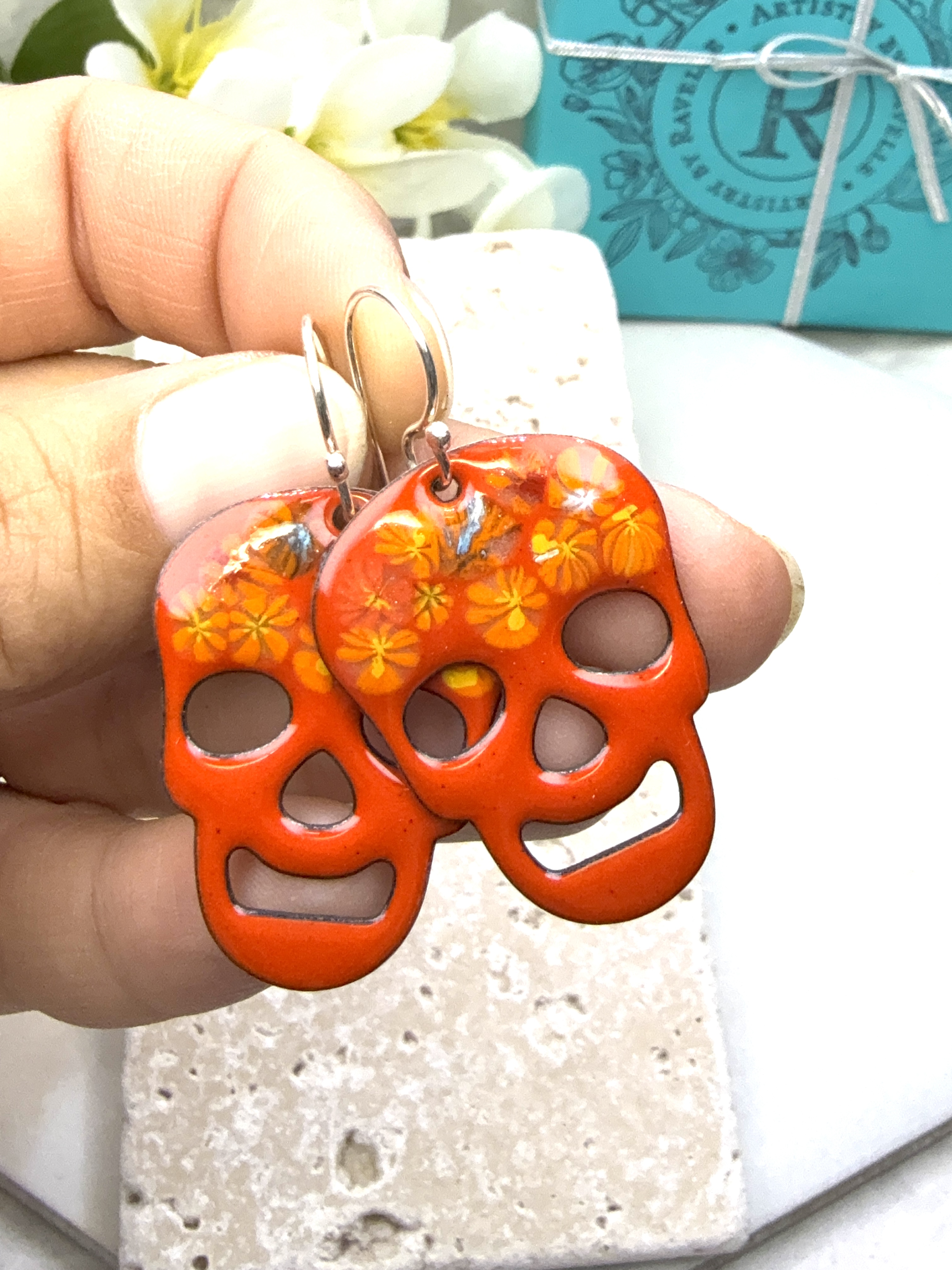 Orange Floral Skull Earrings