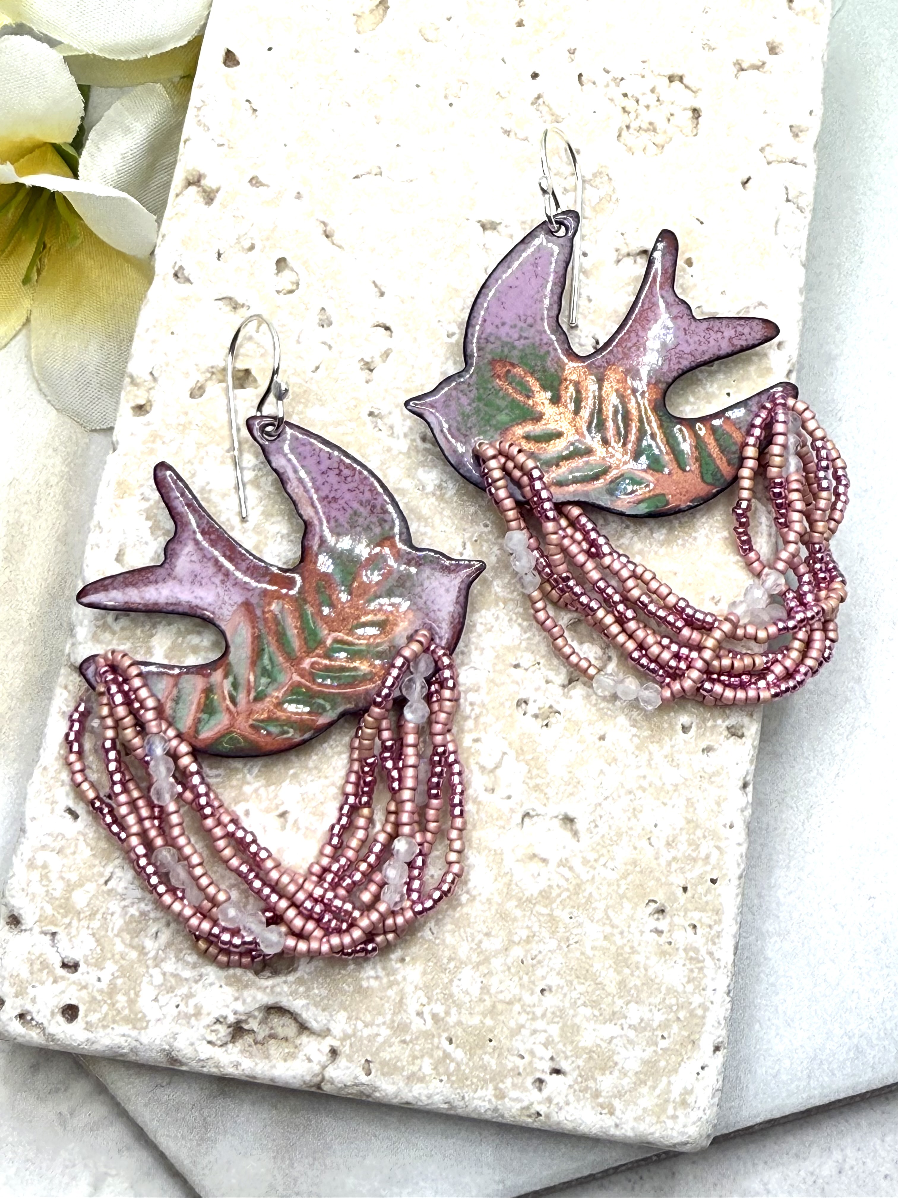 Dove Earrings- Pink & Green Enamel
