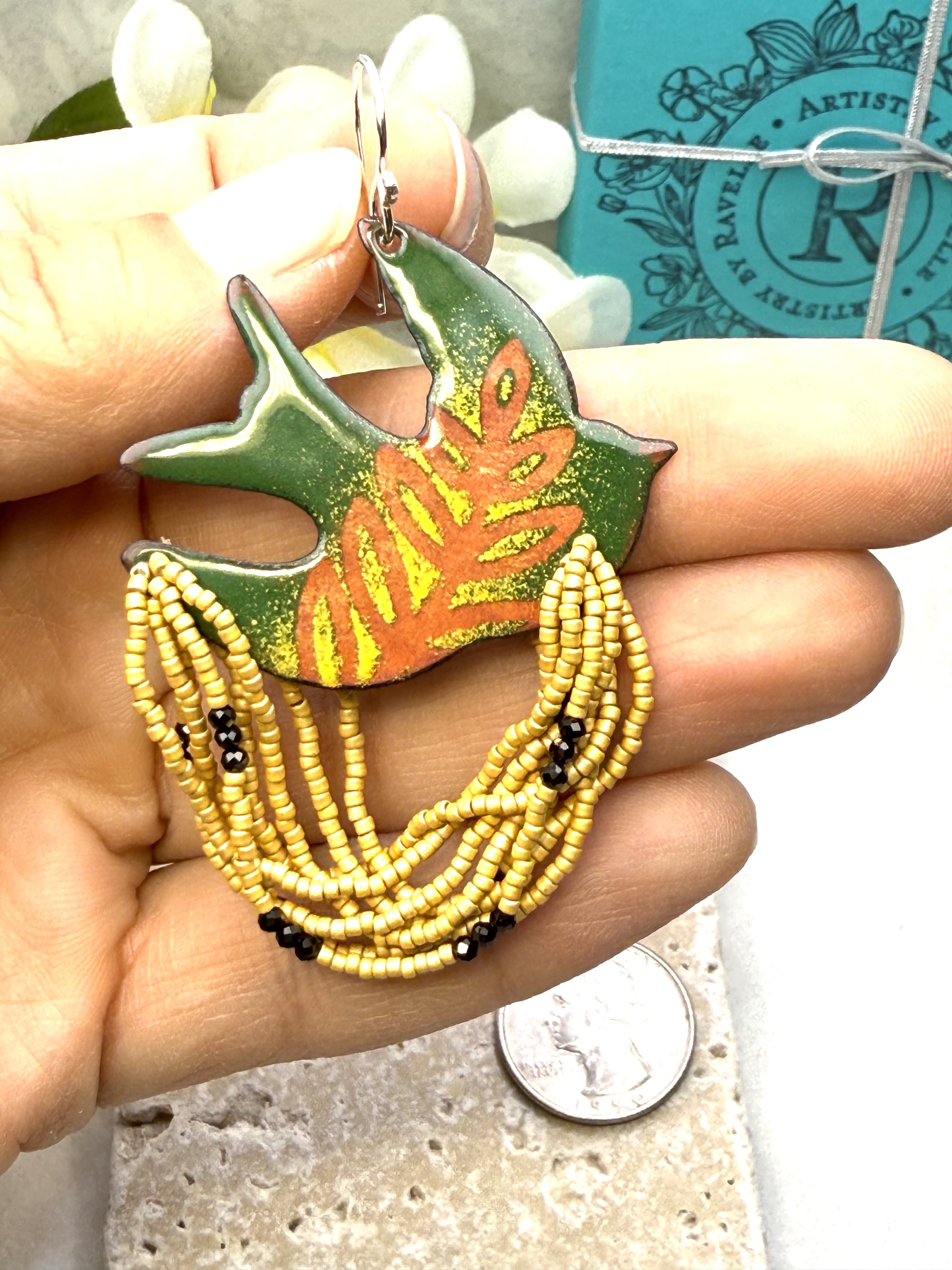 Dove Earrings- Green & Yellow Enamel