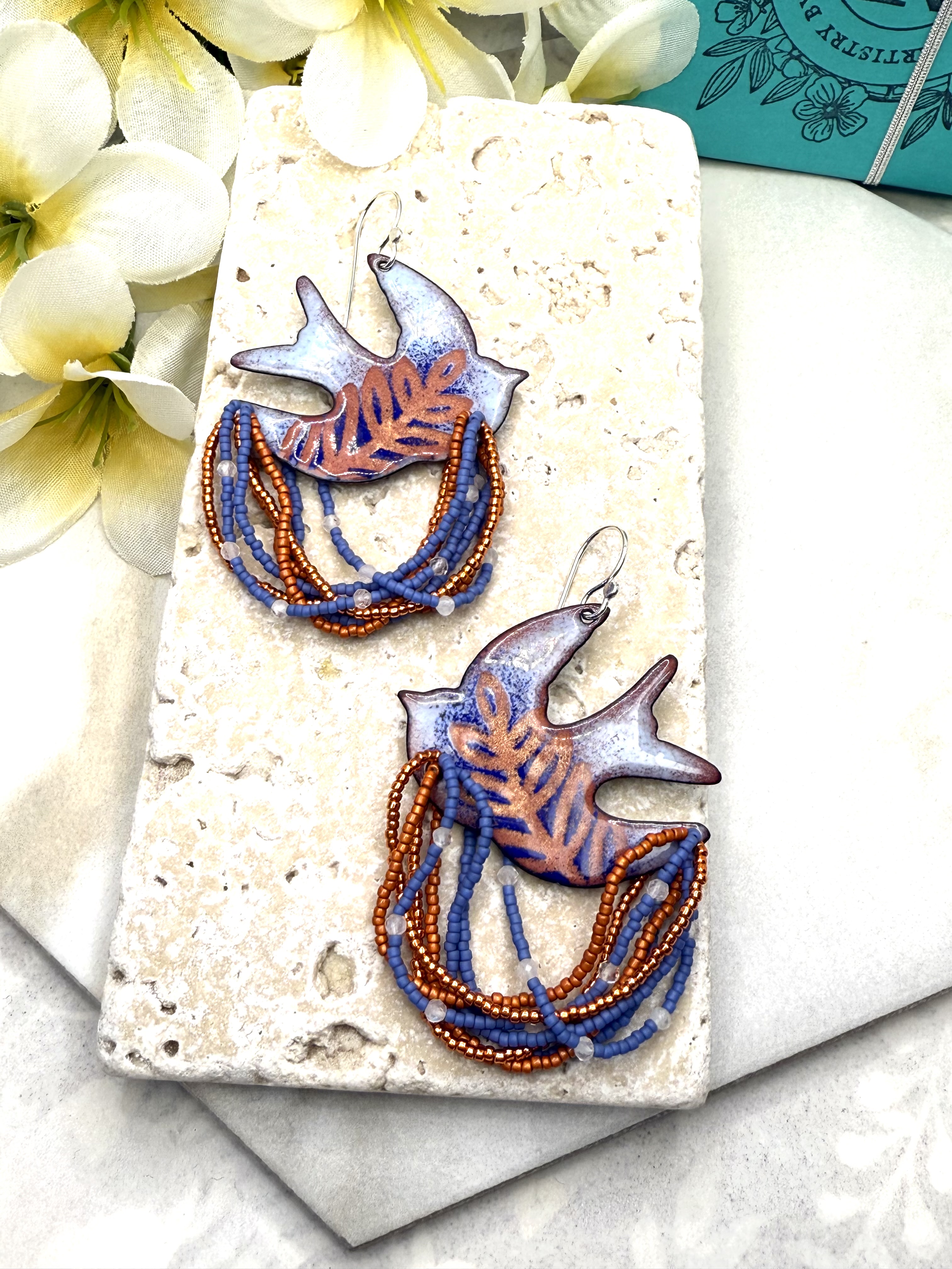 Dove Earrings- Orange & Blue Enamel