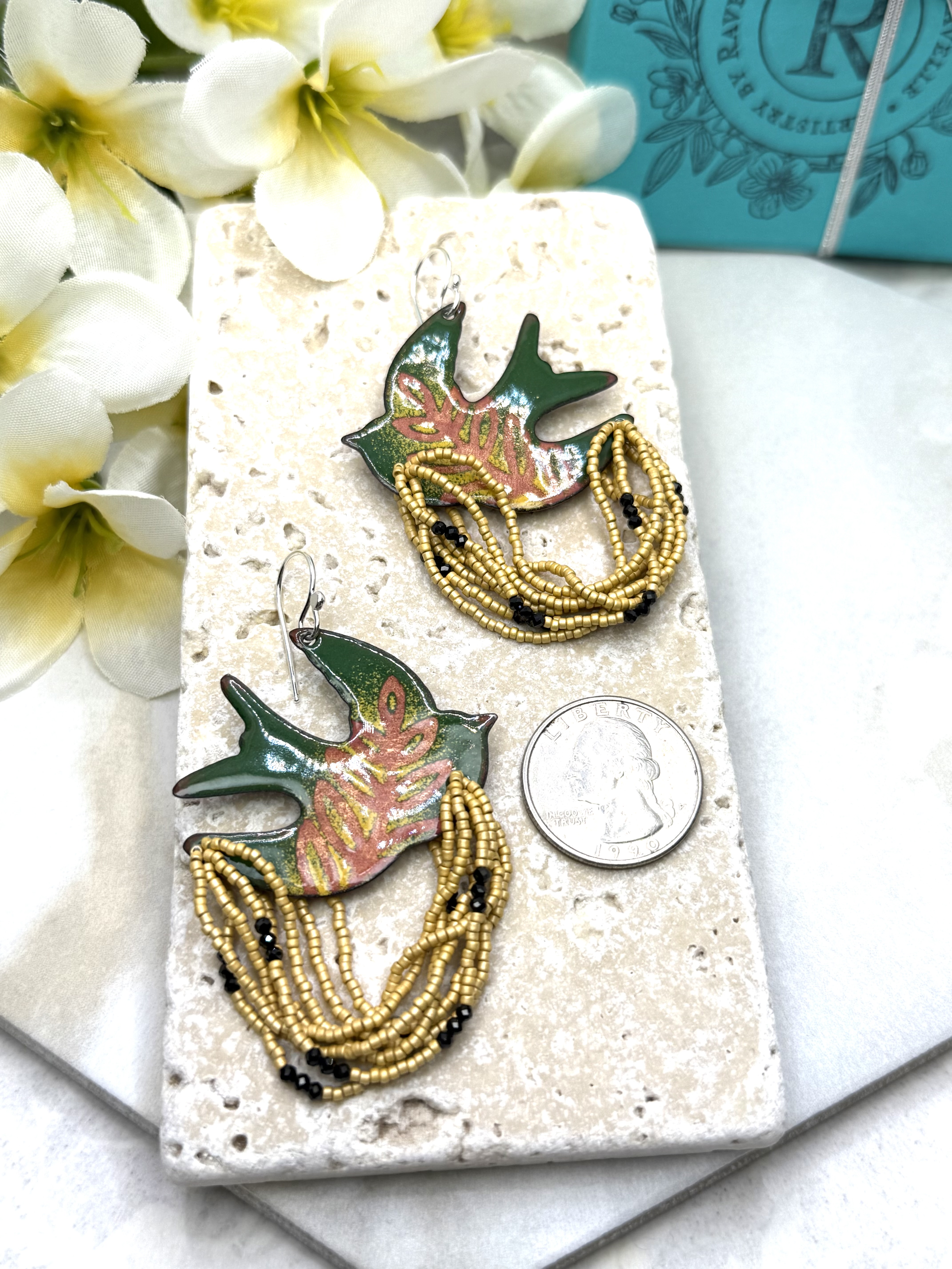 Dove Earrings- Green & Yellow Enamel