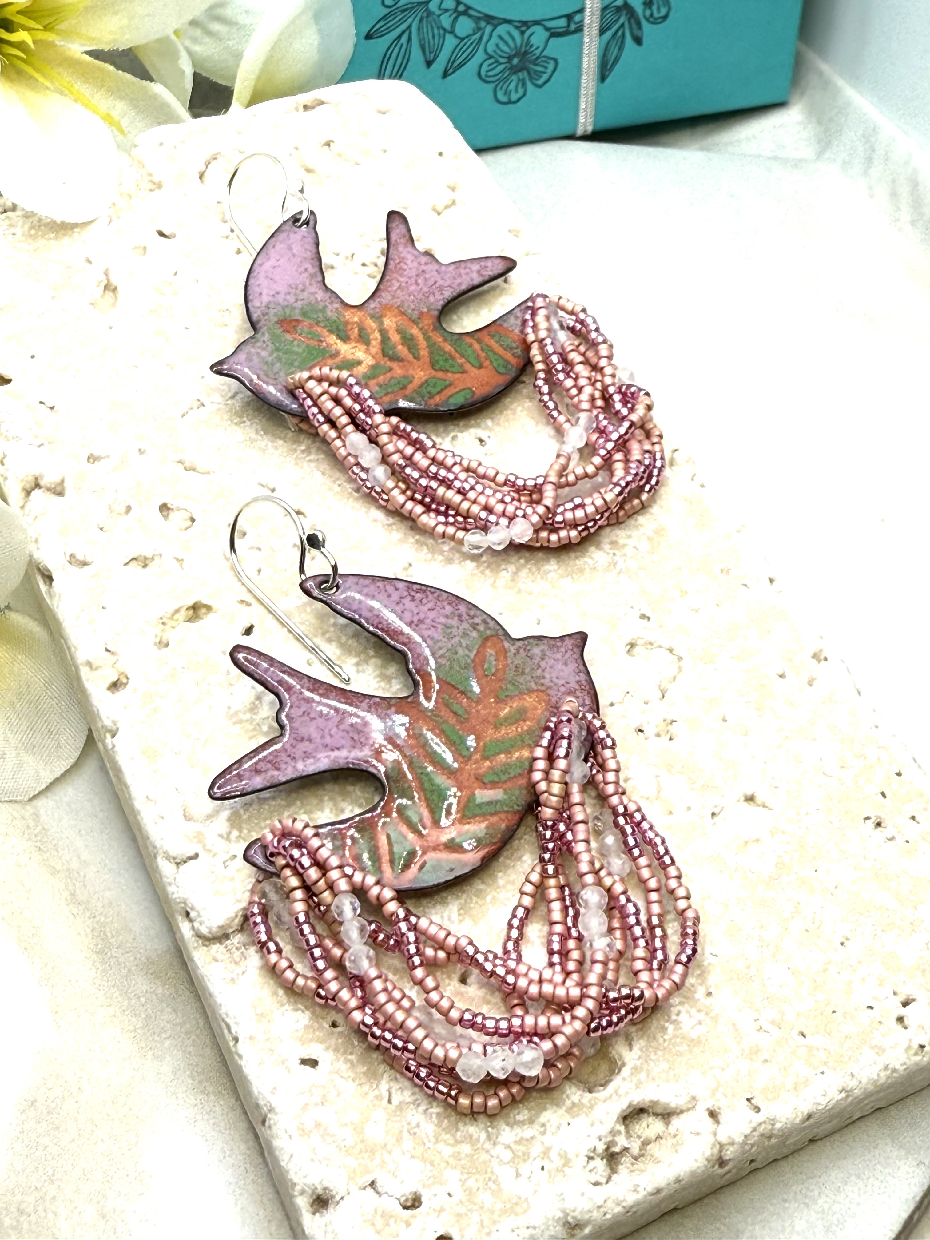 Dove Earrings- Pink & Green Enamel