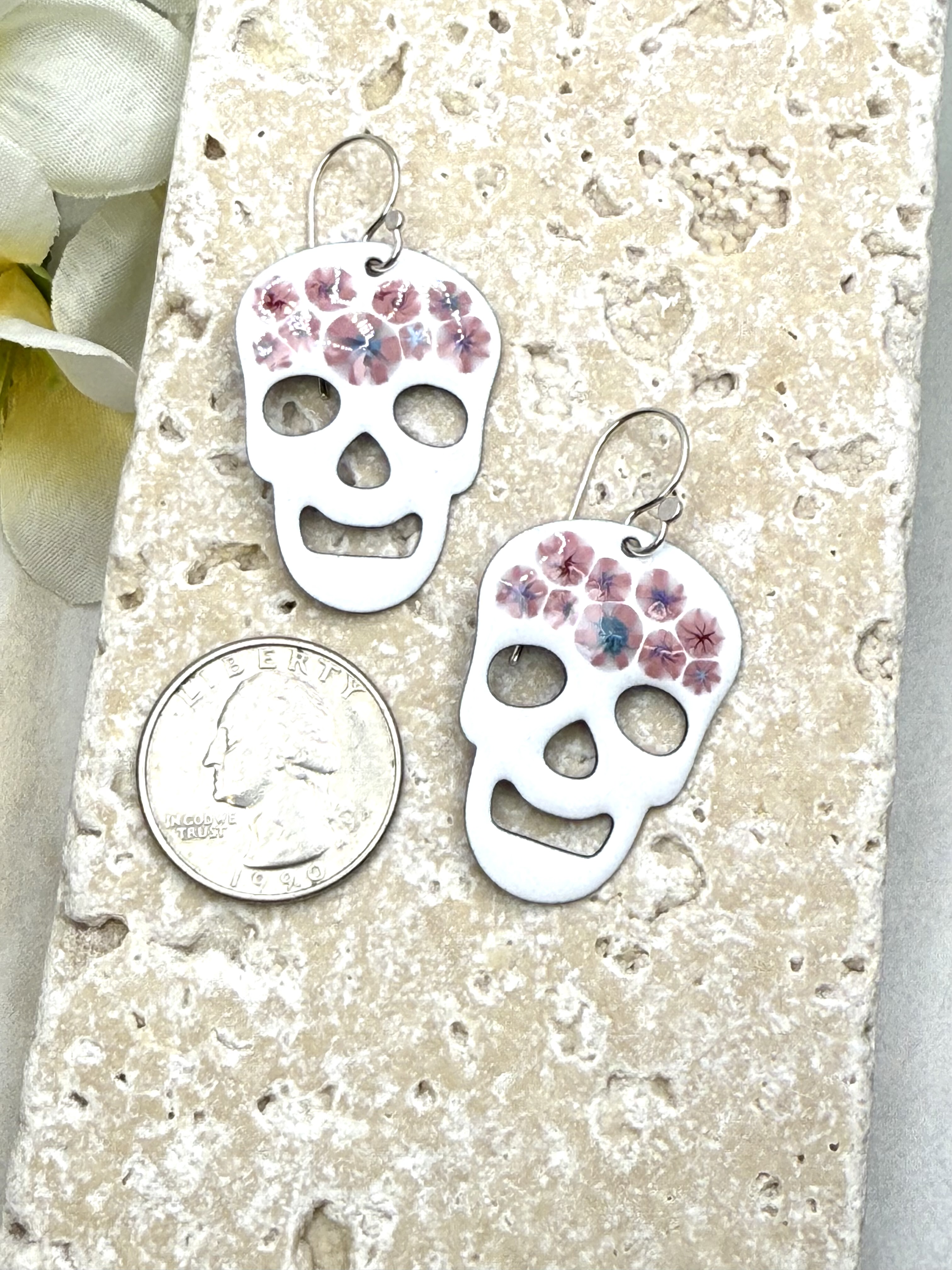 White Floral Skull Earrings