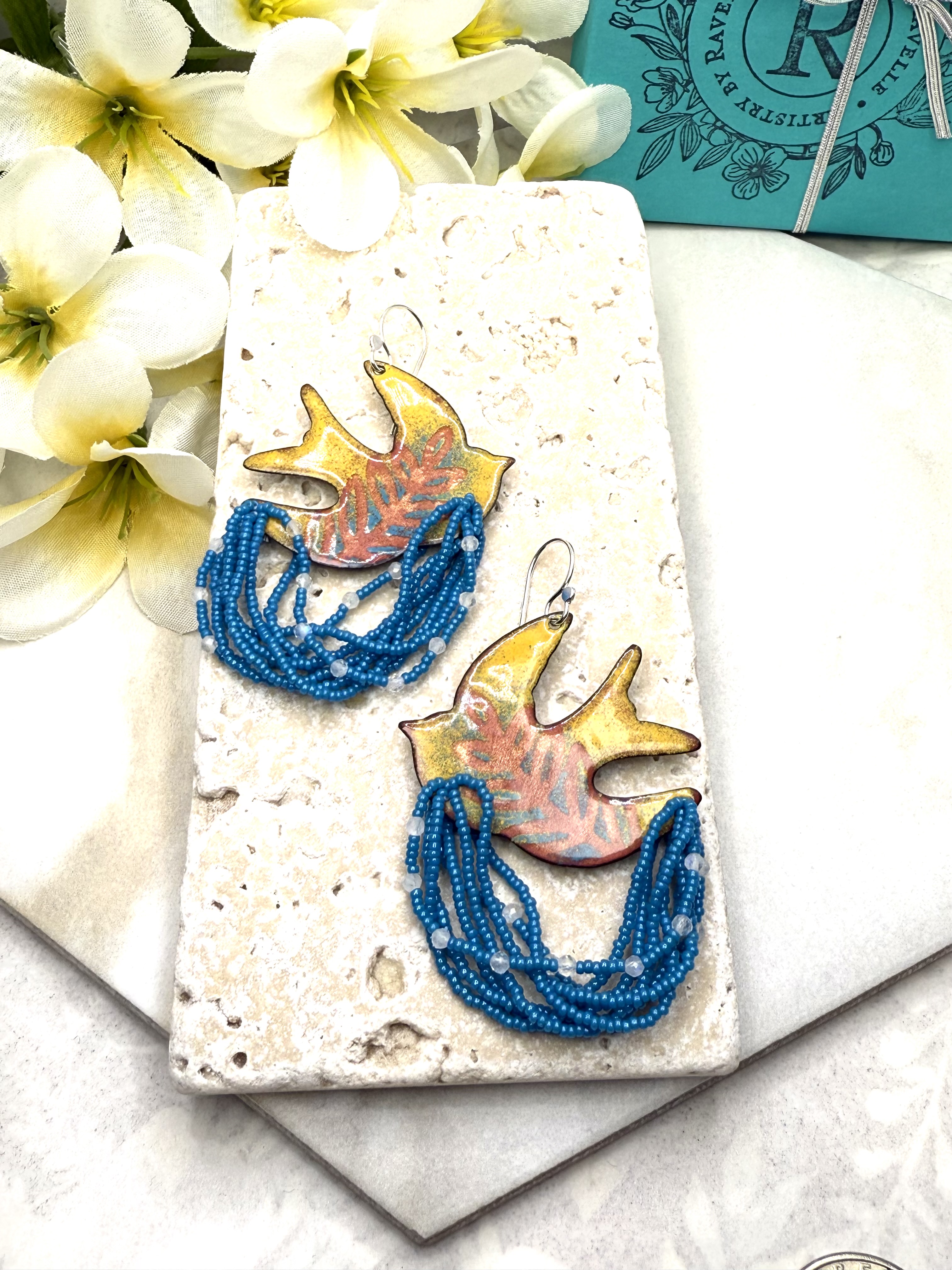 Dove Earrings- Turquoise & Yellow Enamel