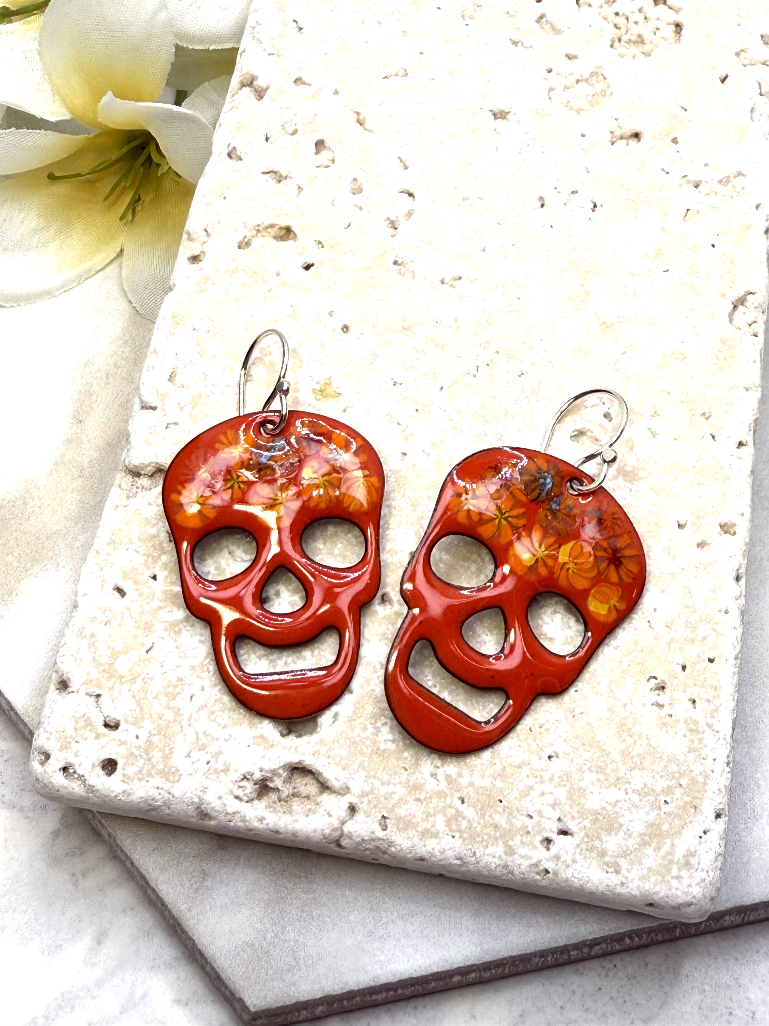 Orange Floral Skull Earrings