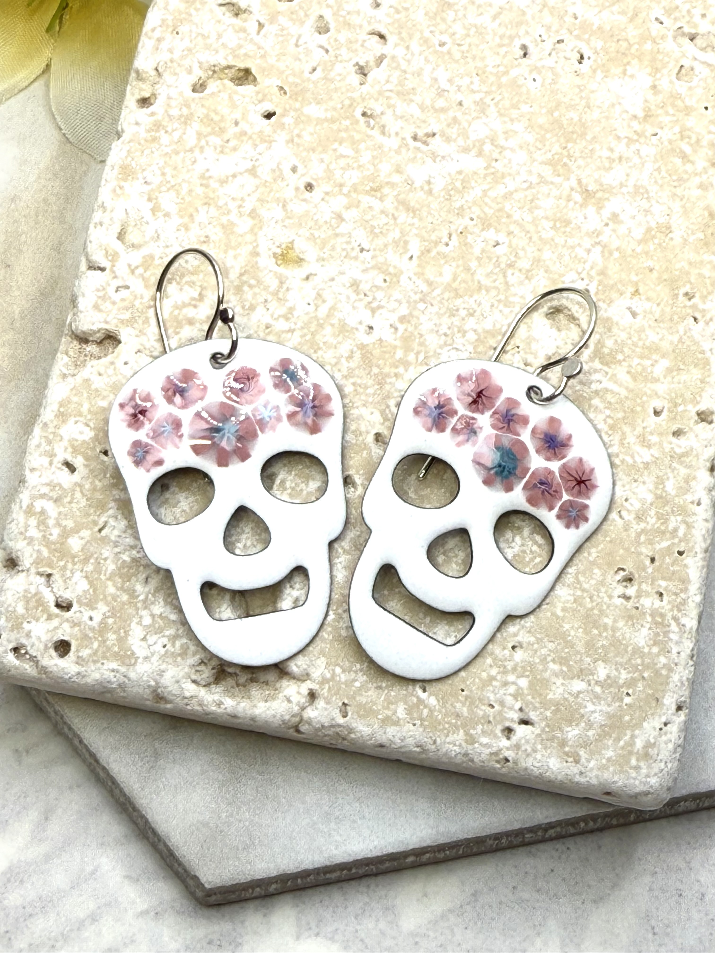 White Floral Skull Earrings