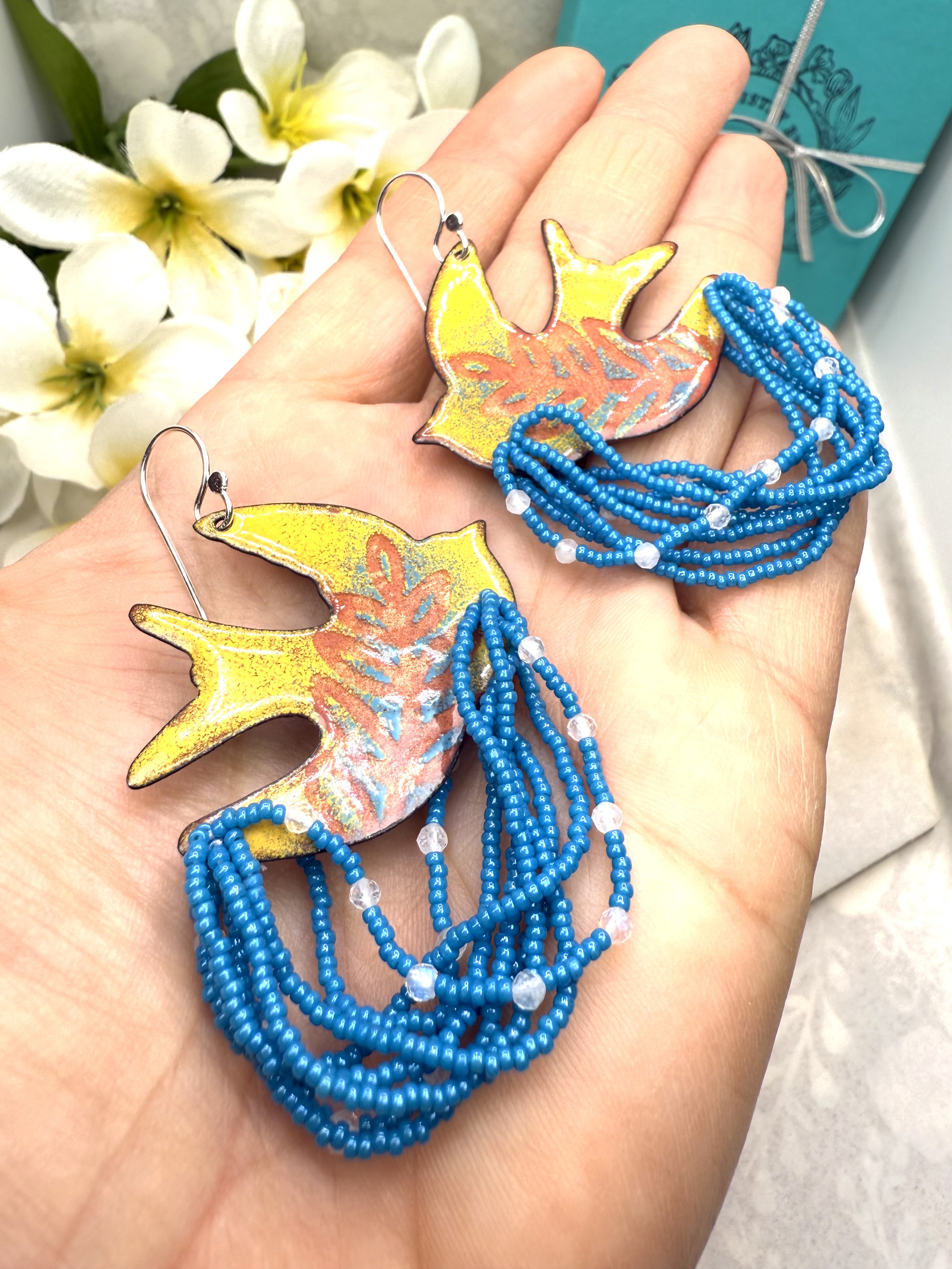 Dove Earrings- Turquoise & Yellow Enamel 