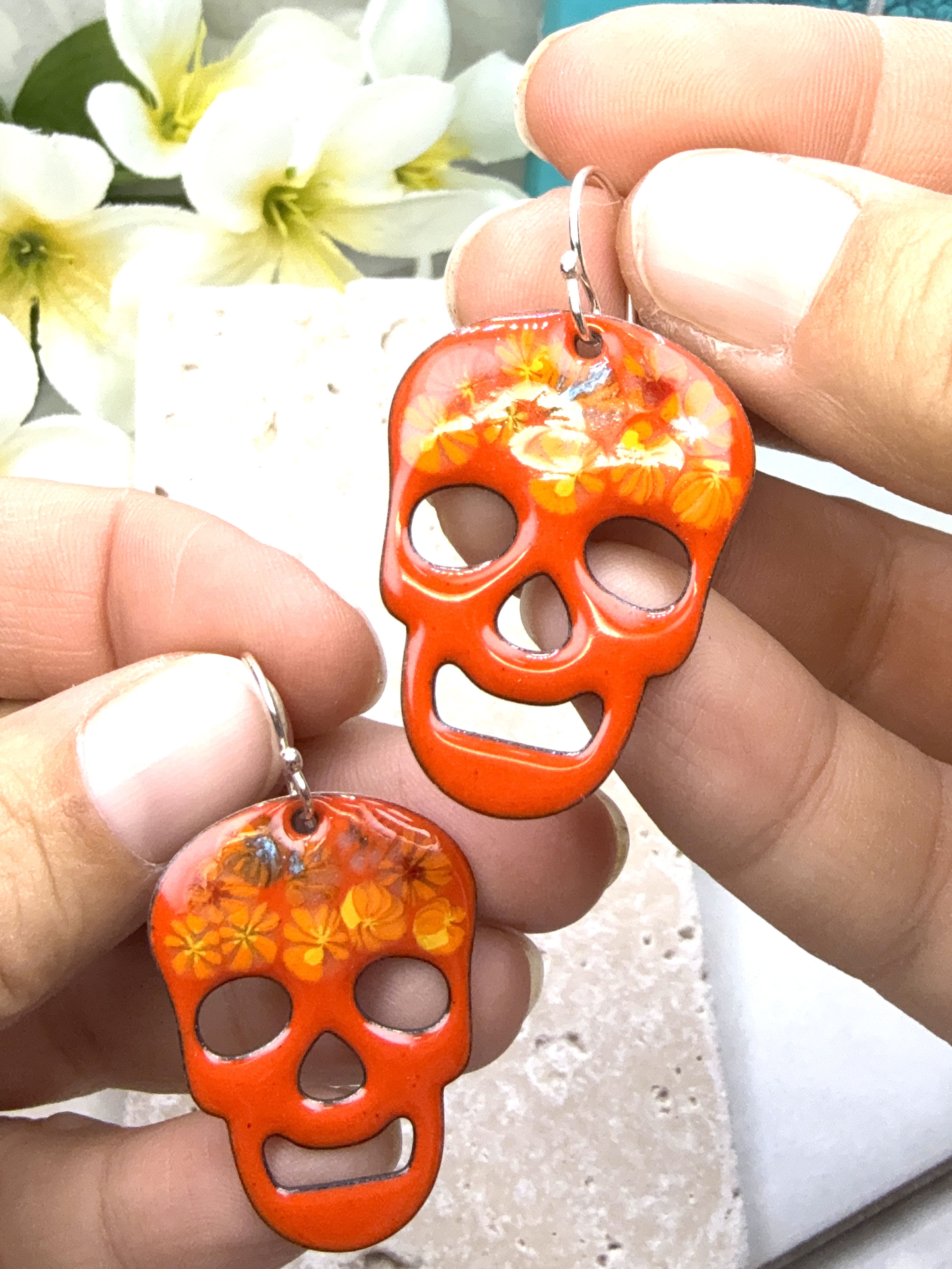 Orange Floral Skull Earrings
