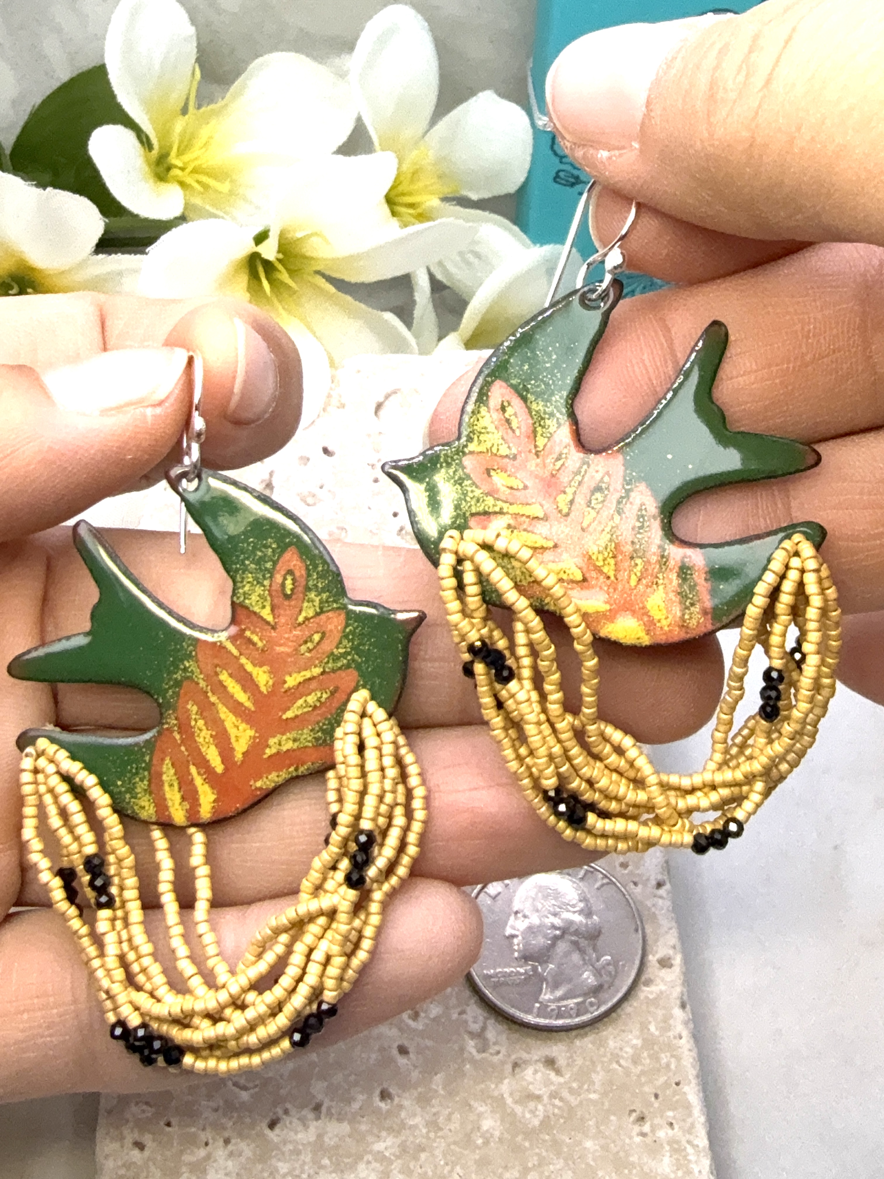 Dove Earrings- Green & Yellow Enamel