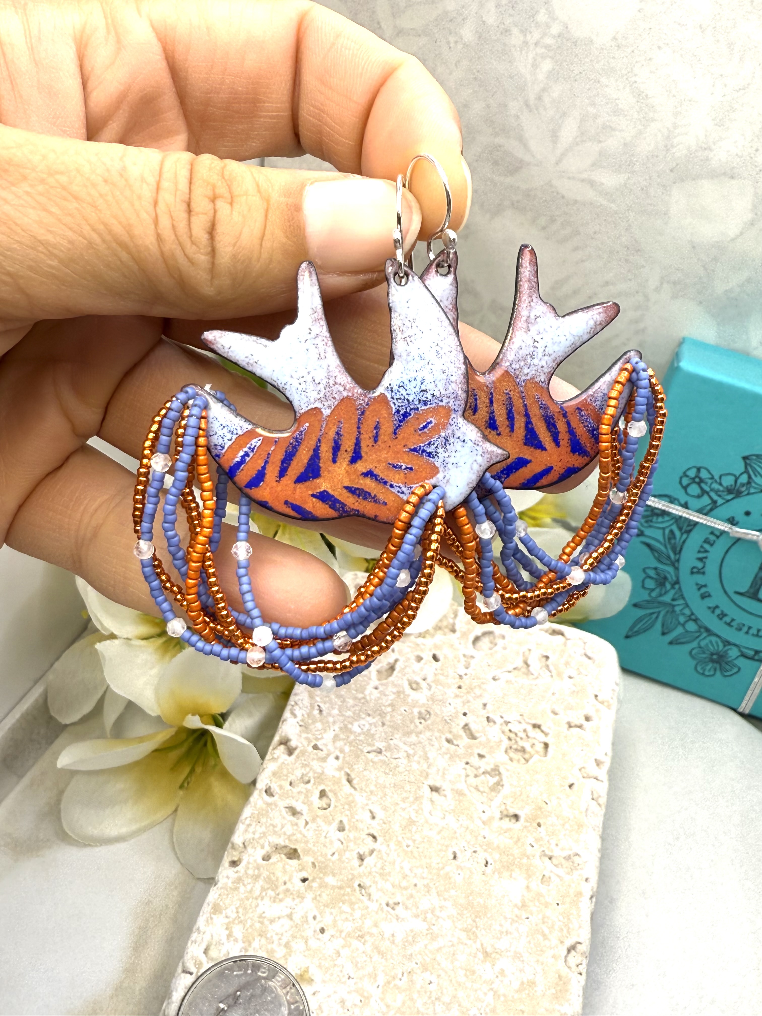 Dove Earrings- Orange & Blue Enamel