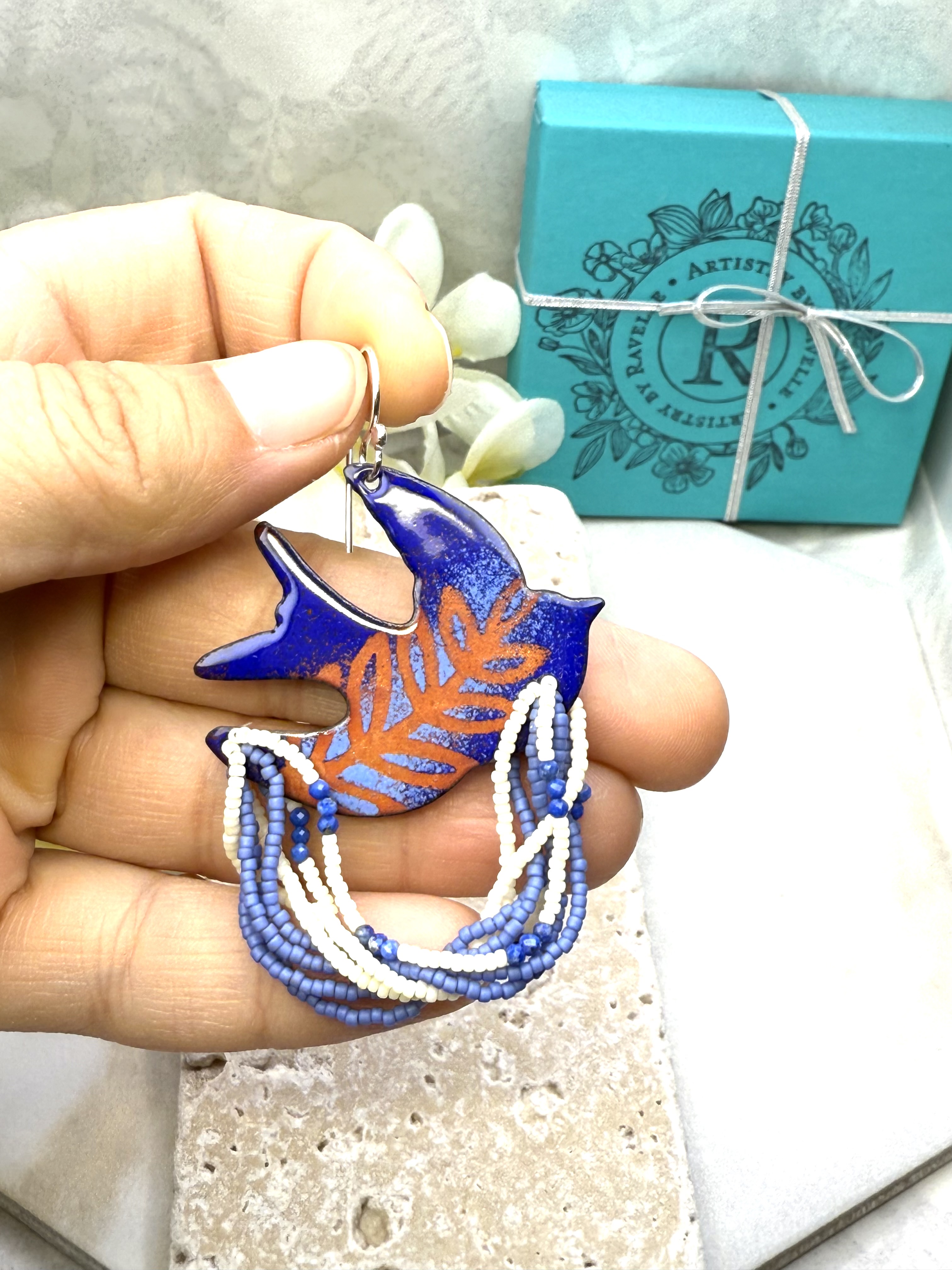 Dove Earrings- Blue Enamel