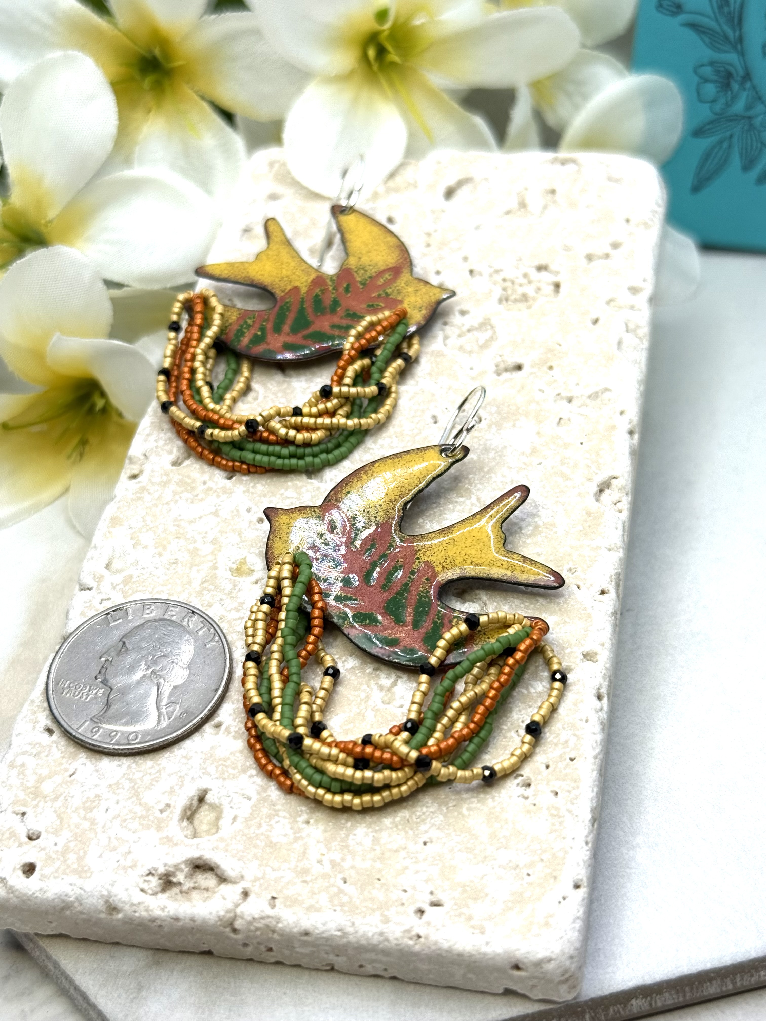 Dove Earrings- Yellow, Green, Orange Enamel
