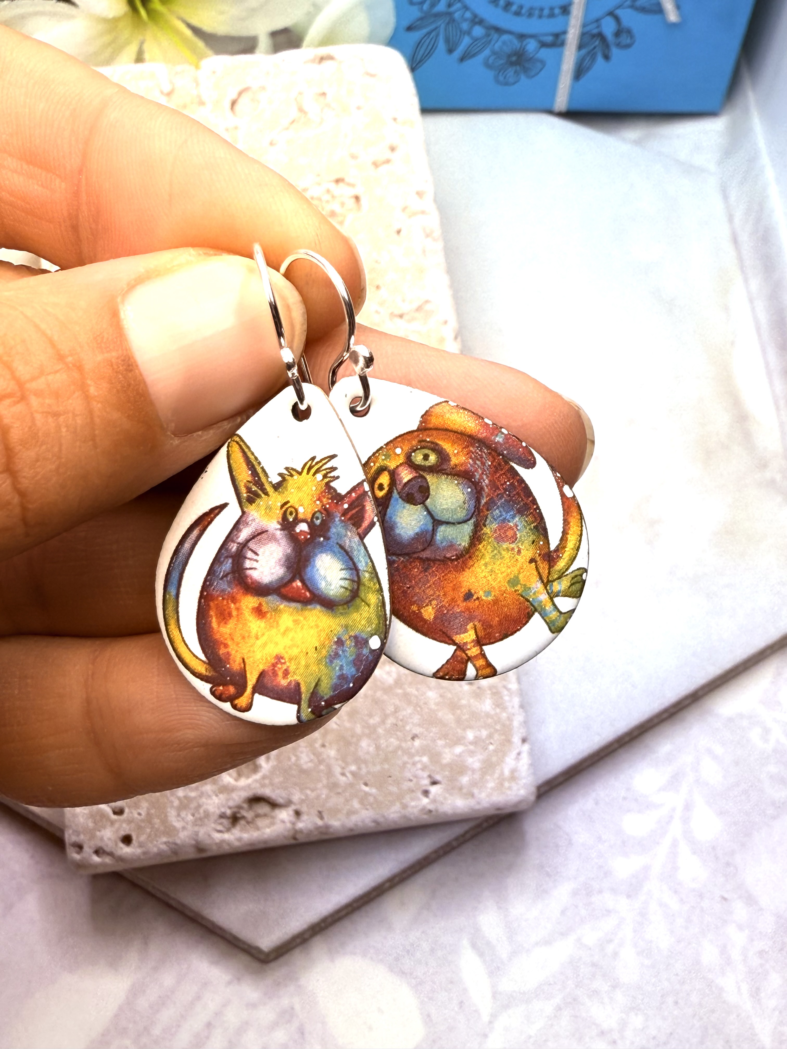 Watercolor Cat and Dog Earrings