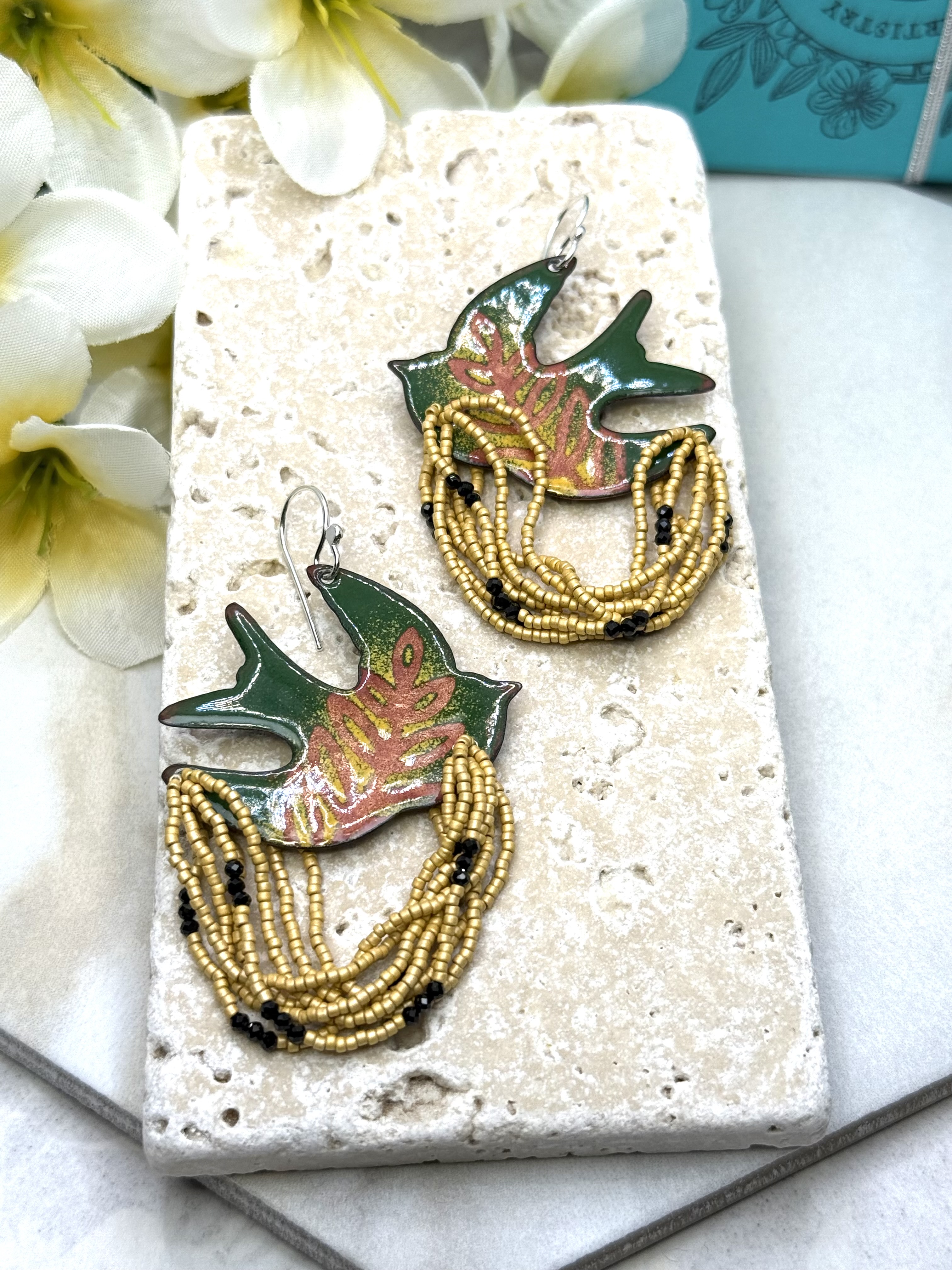Dove Earrings- Green & Yellow Enamel