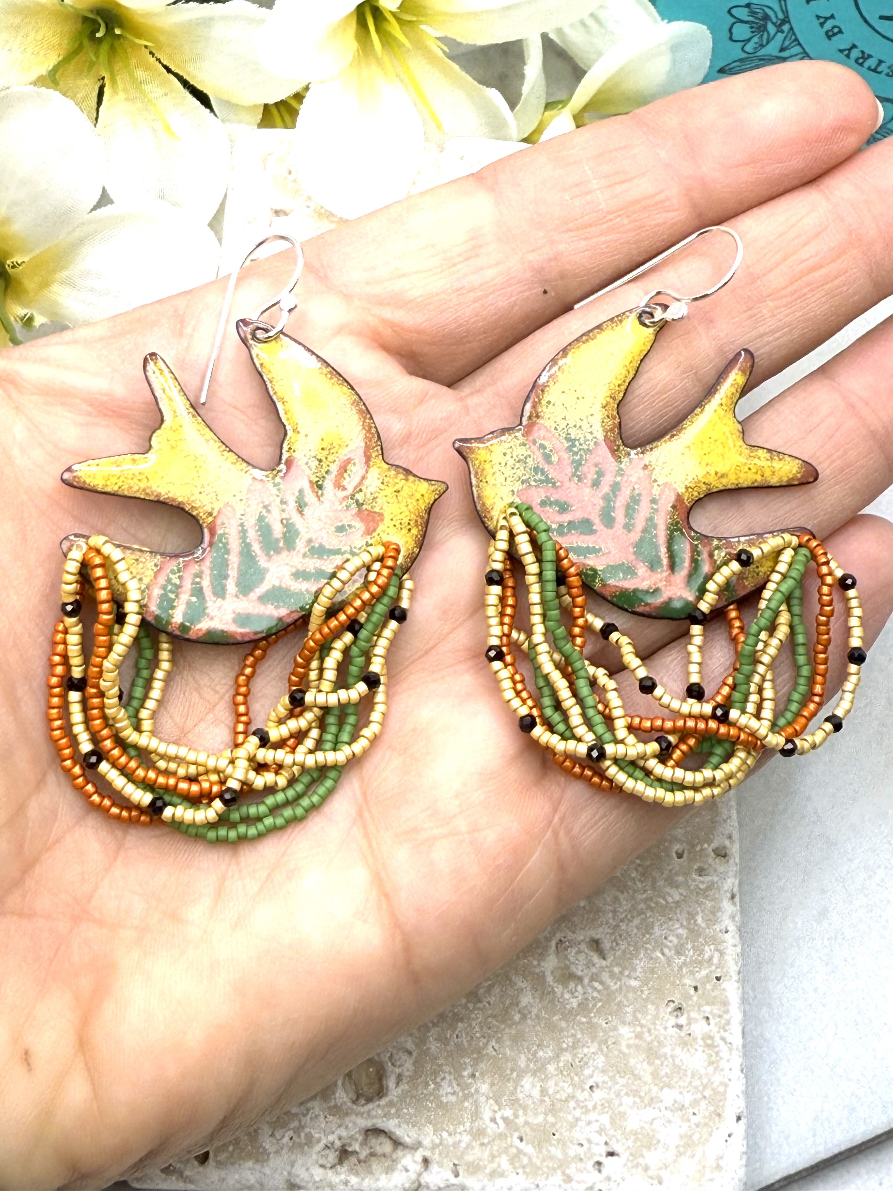 Dove Earrings- Yellow, Green, Orange Enamel