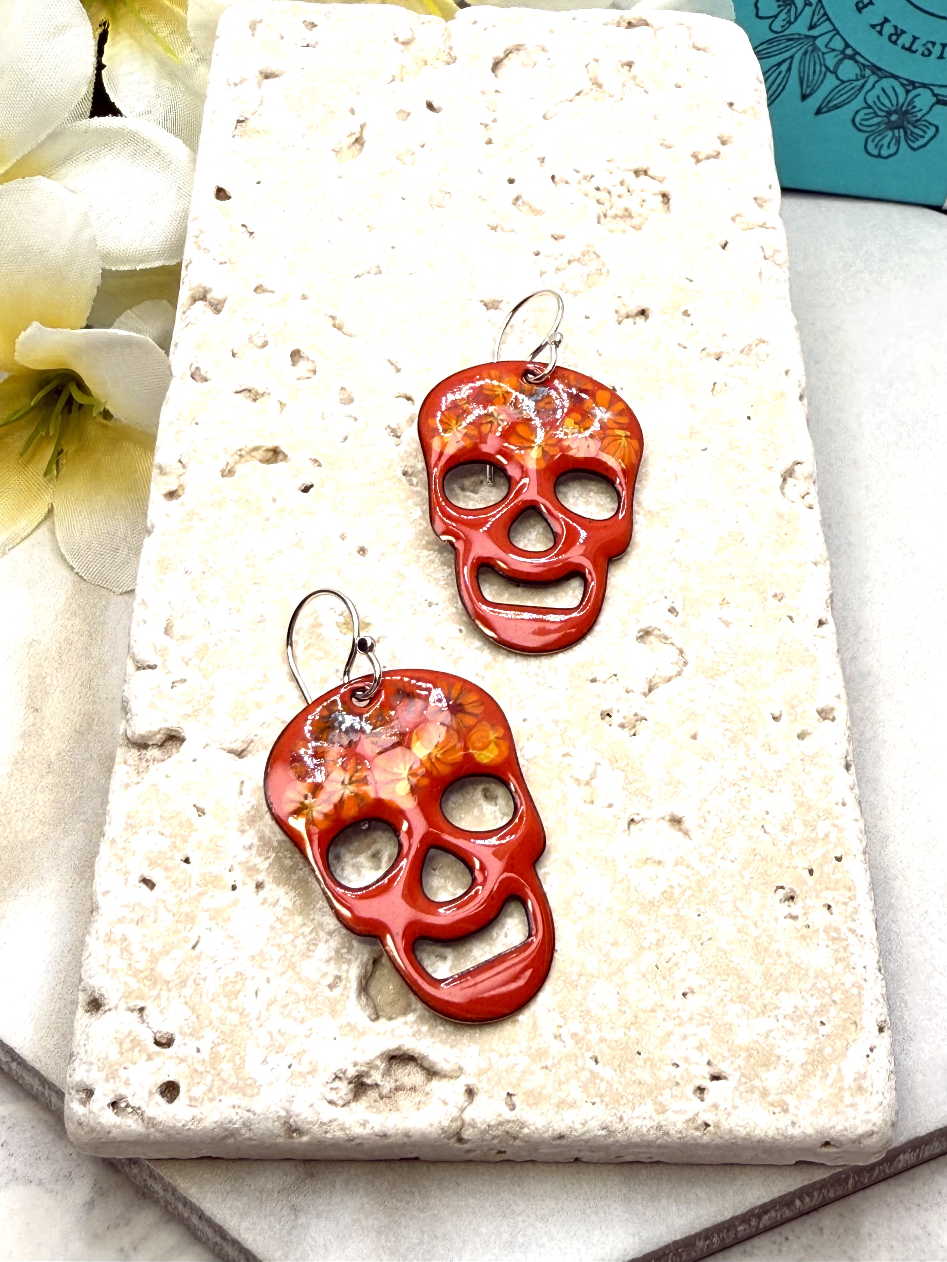 Orange Floral Skull Earrings