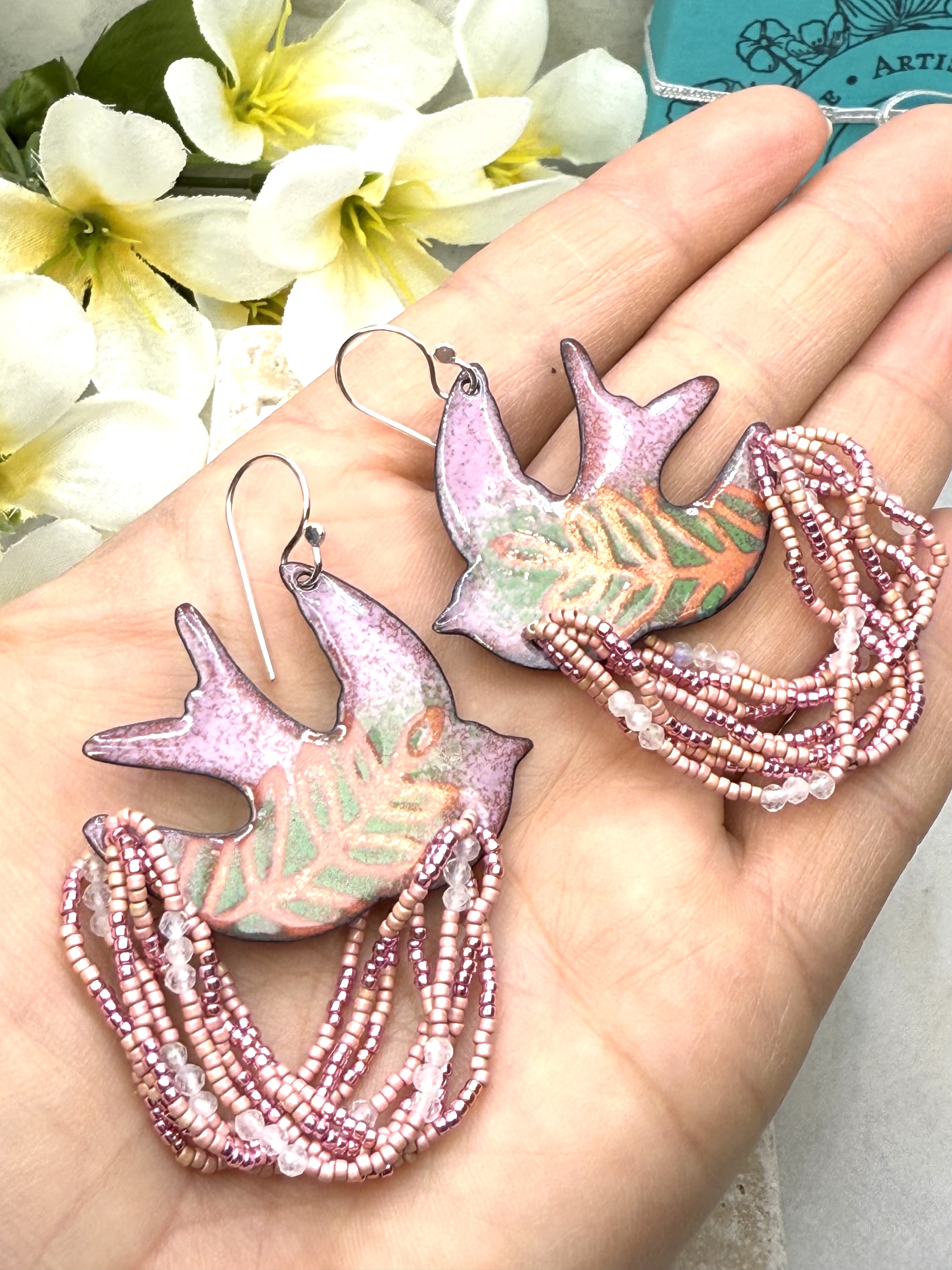 Dove Earrings- Pink & Green Enamel
