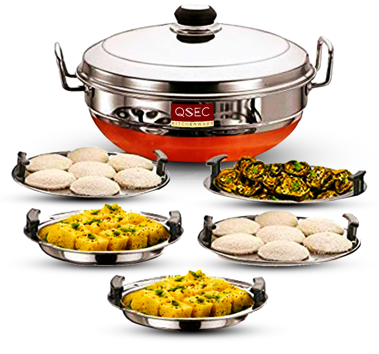 QSEC Stainless Steel Multi Kadai Idli cooker steamer with Copper Bottom All-in-One Big Size dhokla cooker | 5 Plate 2 Idli | 2 Dhokla | 1 Patra | Momo steamer | 3 in 1 | Idli maker steamer - 285MM 100% Non toxin material