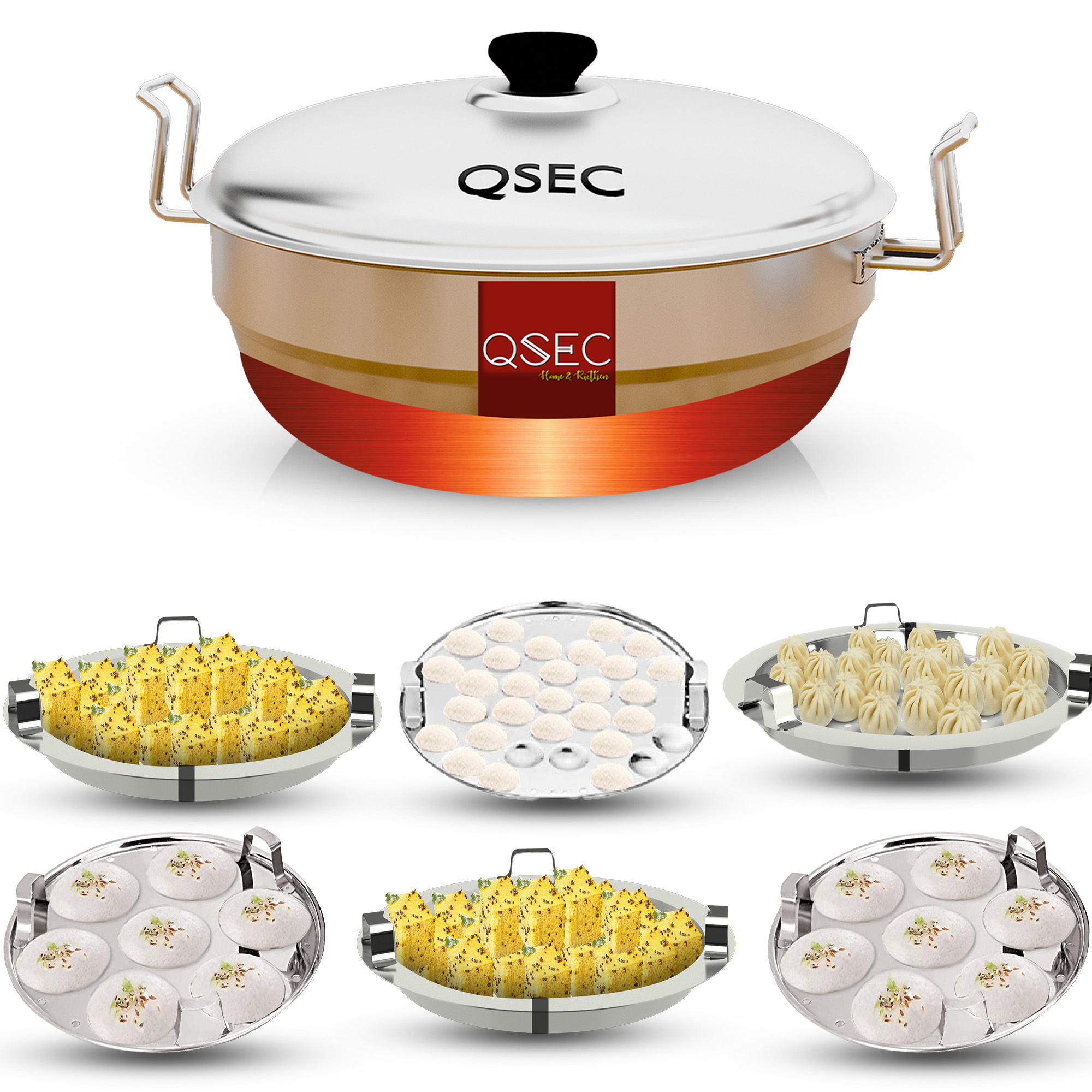 QSEC Stainless Steel Idly Cooker Multi Kadai Idli And Dhokla Steamer & Idli Cooker With 7 Plates|Mini Idli Stand|2 Mini Idli Plate|2 Idli|2 Dhokla|1 Momos|Multi Utility Kadai Cookware Set,5 Litre