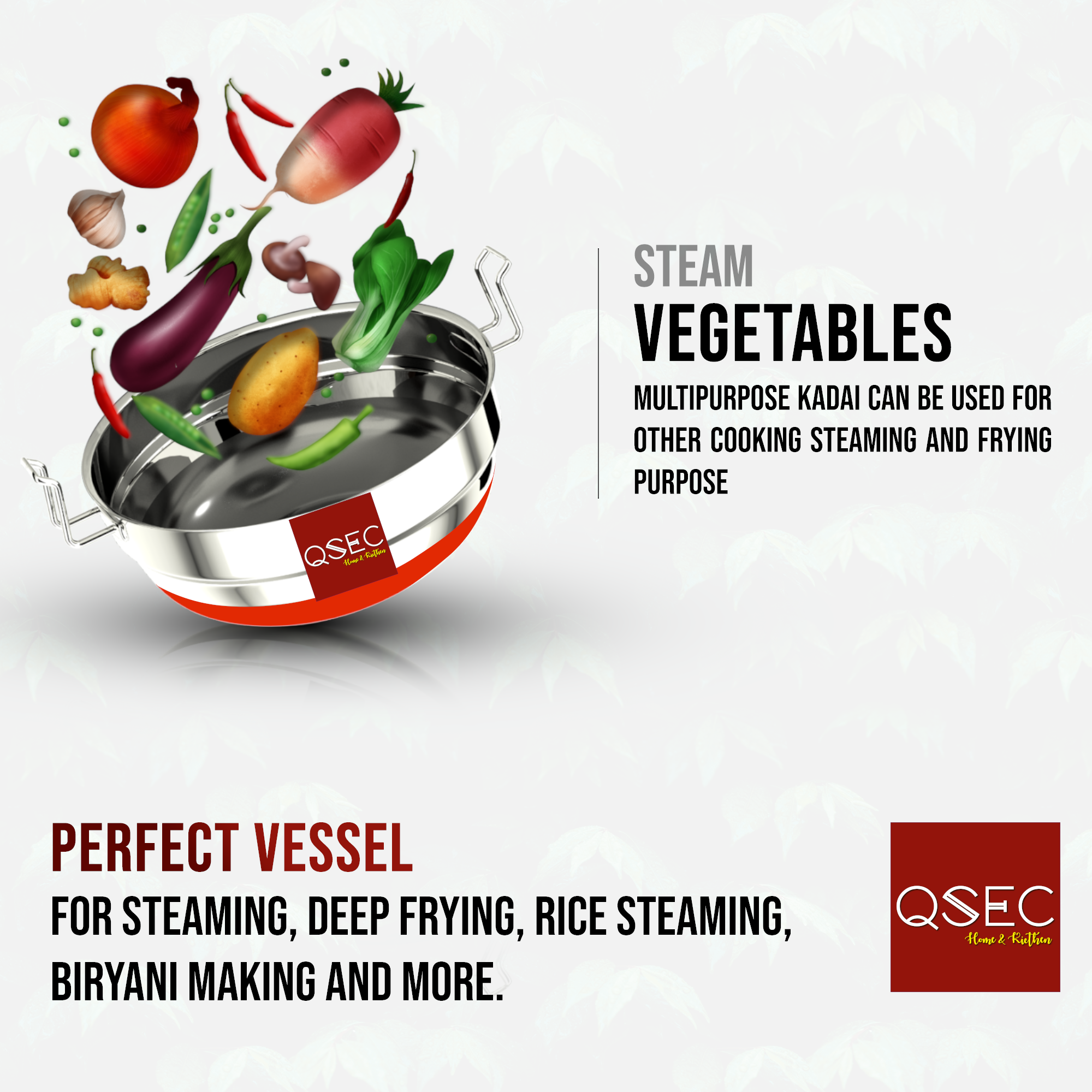 QSEC Stainless Steel Idly Cooker Multi Kadai Idli And Dhokla Steamer & Idli Cooker With 7 Plates|Mini Idli Stand|2 Mini Idli Plate|2 Idli|2 Dhokla|1 Momos|Multi Utility Kadai Cookware Set,5 Litre