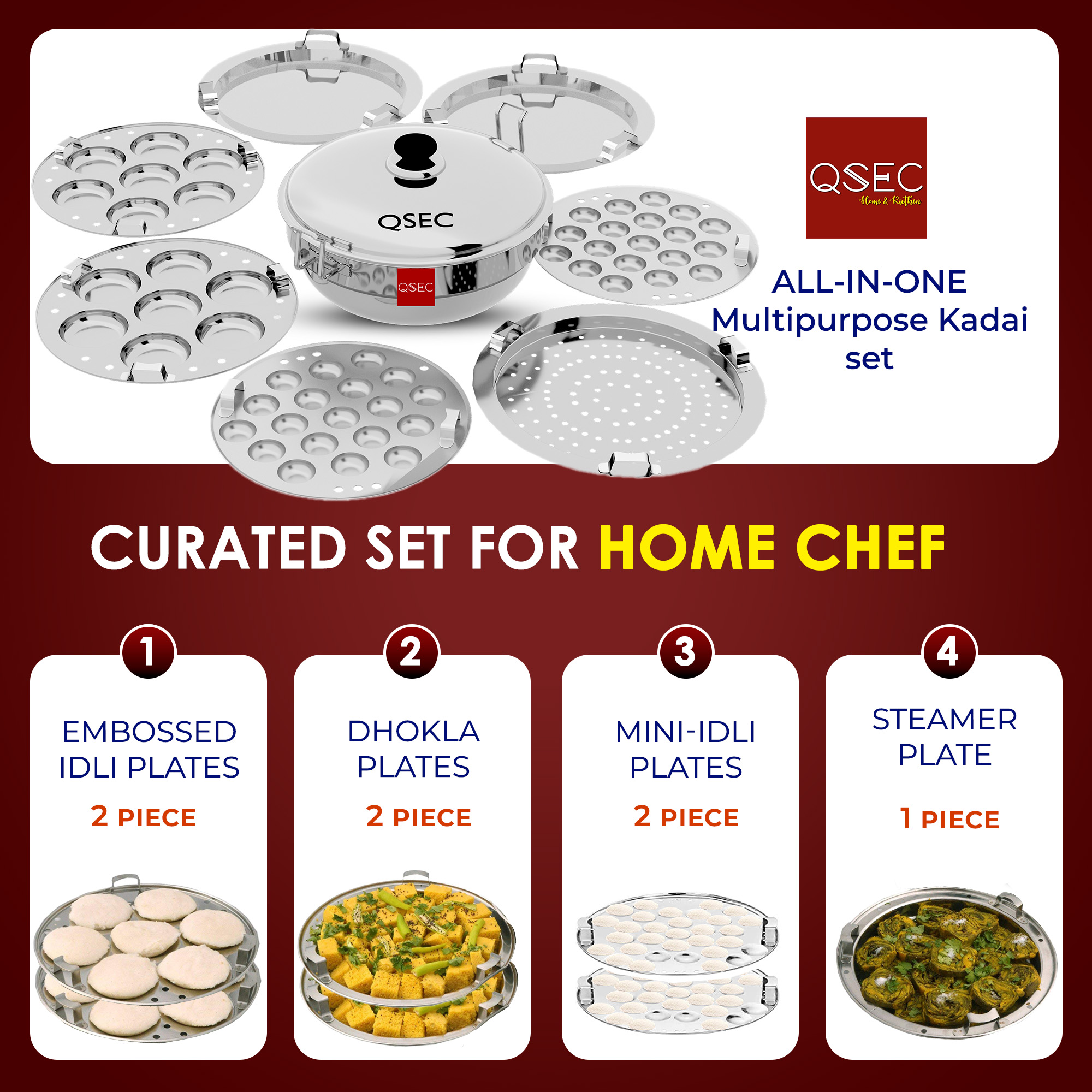 QSEC Stainless Steel Induction Base Idli Maker Multi Kadai Idli Steamer & Idli Cooker With 7 Plates | 2 Mini Idli | 2 Idli | 2 Dhokla | 1 Momo, 4 Liter…