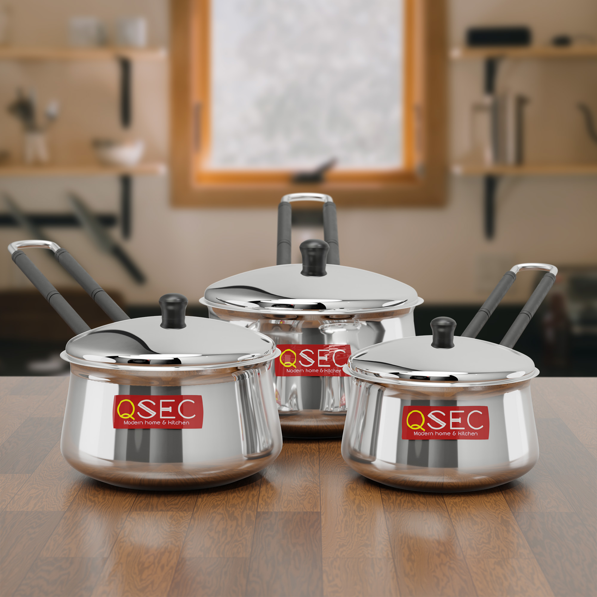 QSEC Stainless Steel Sauce pan Induction Base pan Set with lid (3 Piece)