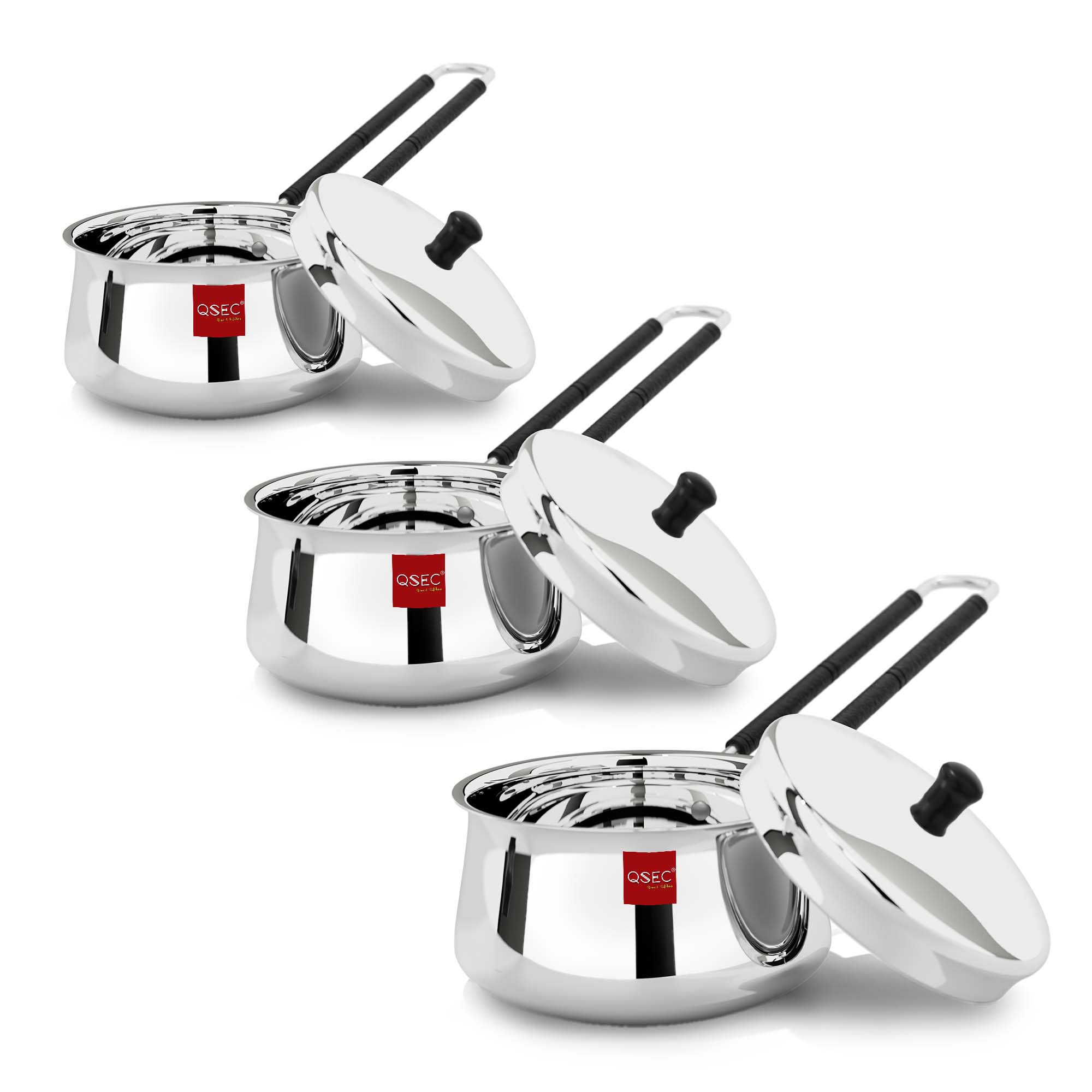 QSEC Stainless Steel Sauce pan Induction Base pan Set with lid (3 Piece)