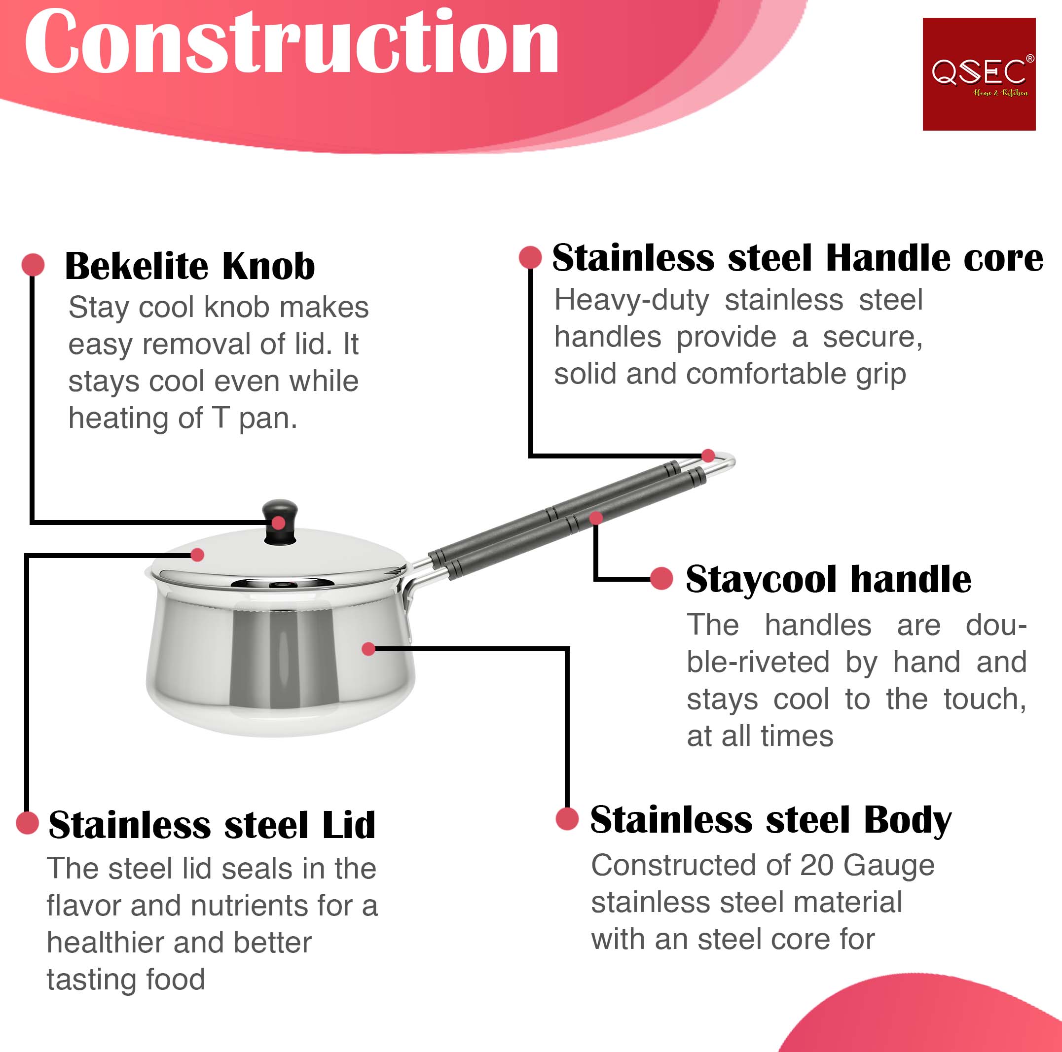 QSEC Stainless Steel Sauce pan Induction Base pan Set with lid (3 Piece)