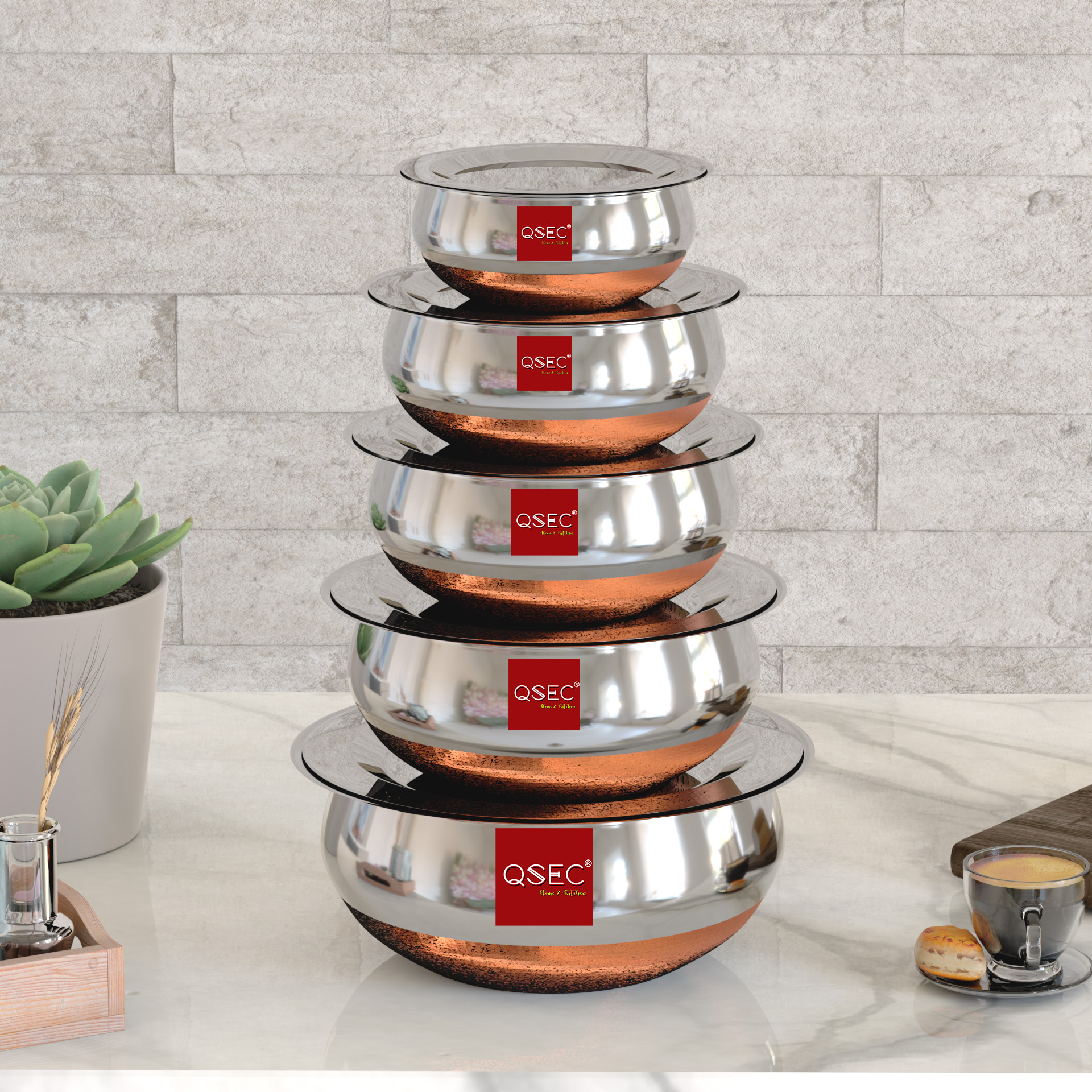 Stainless steel copper base handi / urli set of 5